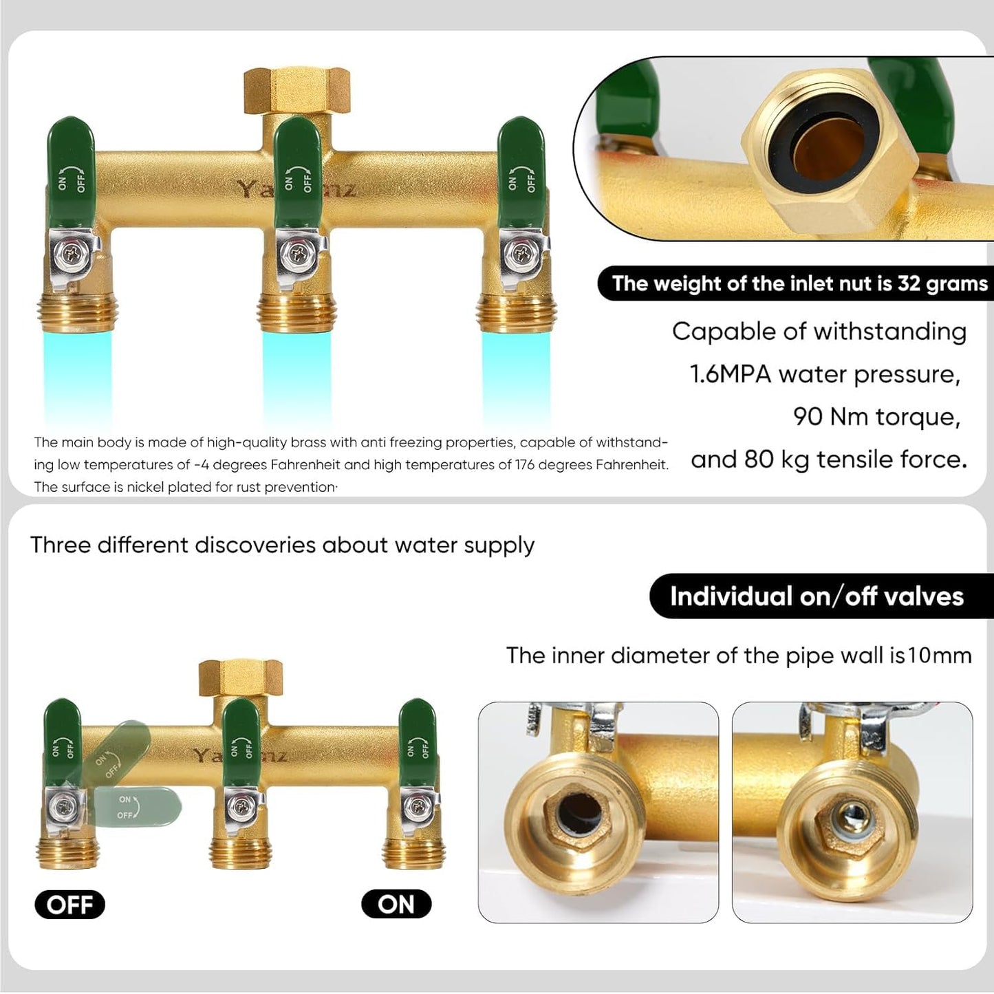Yayamz Garden Hose Splitter, 3/4” Rust and Freeze Resistant Outdoor Hose Manifold with 3 green Extra Long Handles Faucet Adapter-Heavy Duty Brass 3-Way Valve