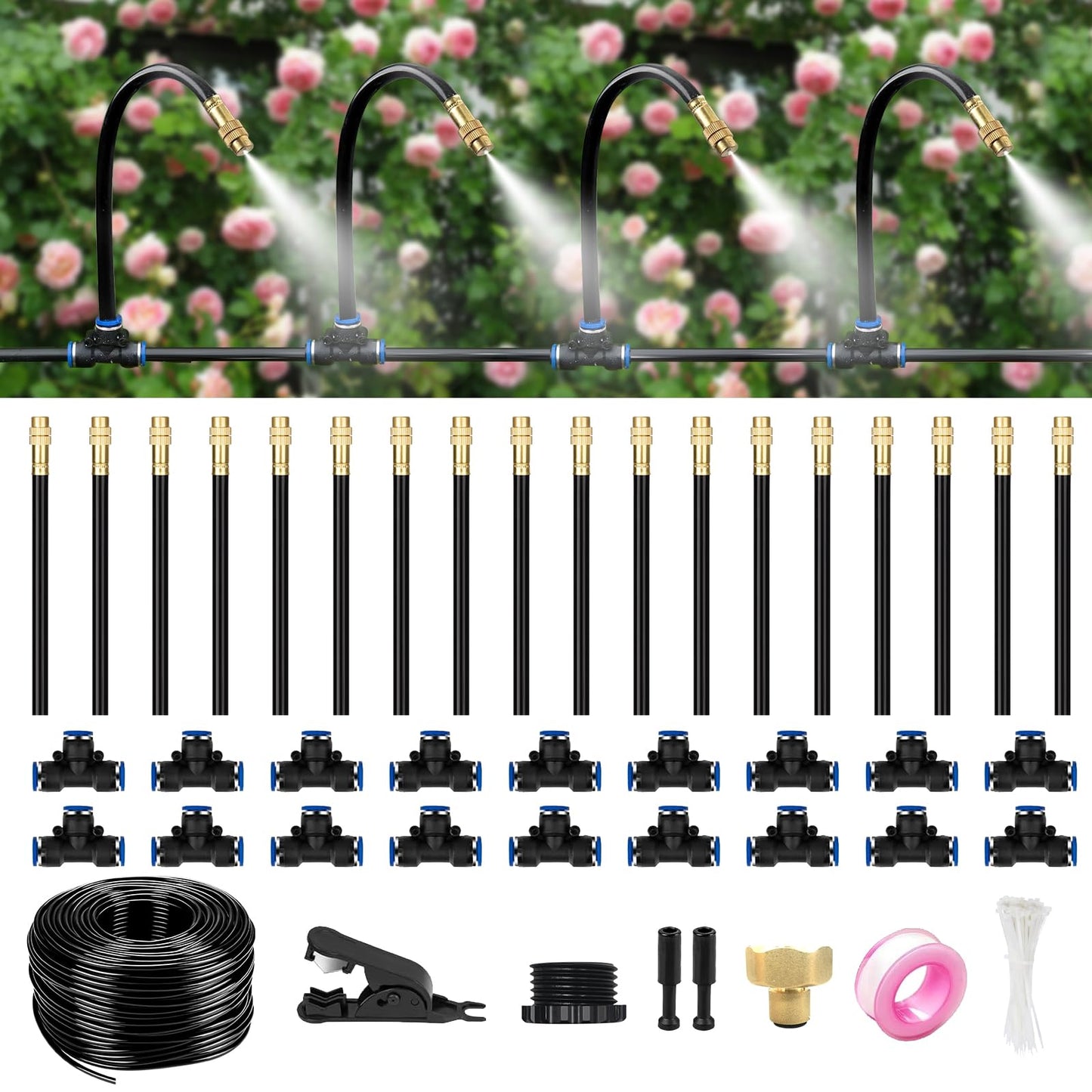 HEKIWAY 60FT Drip Irrigation System for Garden – Automatic Watering Kit with Solid Brass Metal Connectors, 360° Bendable Tubing &16 Adjustable Nozzles for Greenhouse, Lawn, Yard & Plants