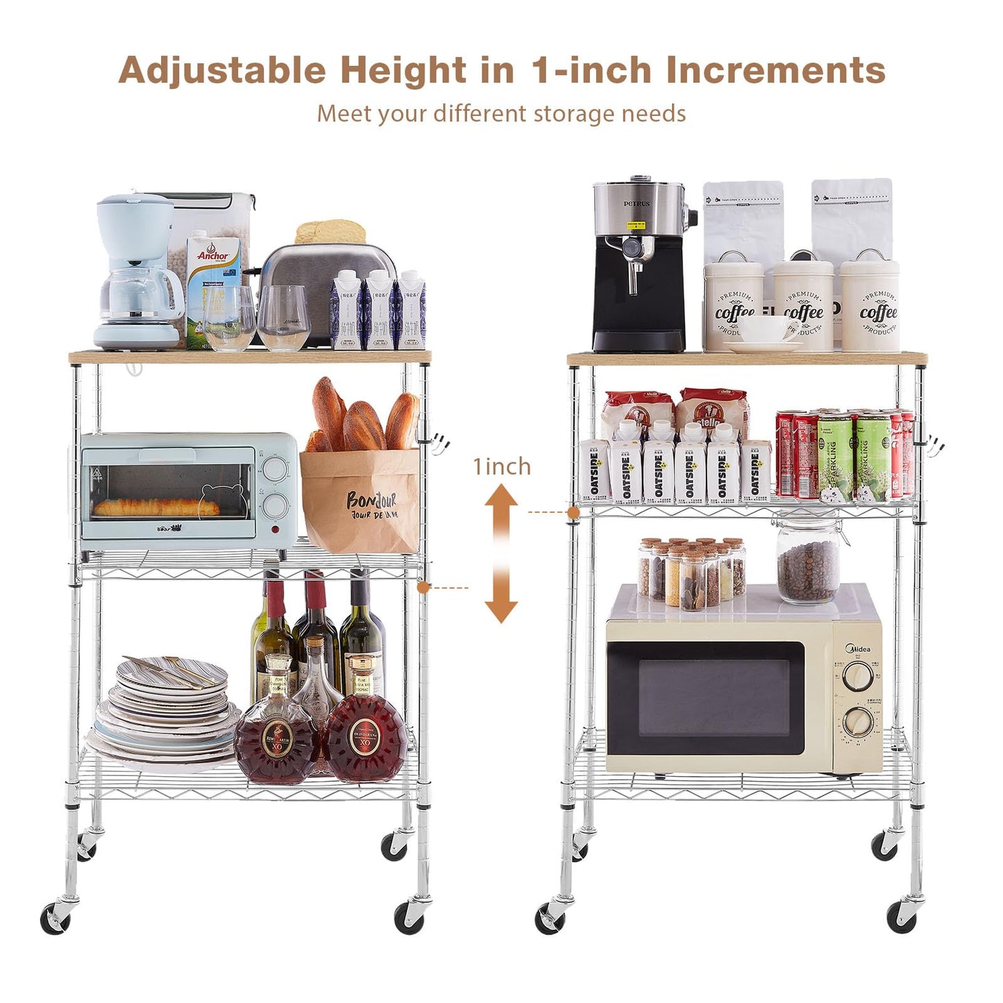 BolDuck 450Lbs Capacity Microwave Cart with Wheels, 3 Tier Rolling Cart with Adjustable Shelves, Multifunctional Metal Utility Storage Kitchen Carts on Wheels, 23.6" L*15.7" W*37" H, Wood+Chrome