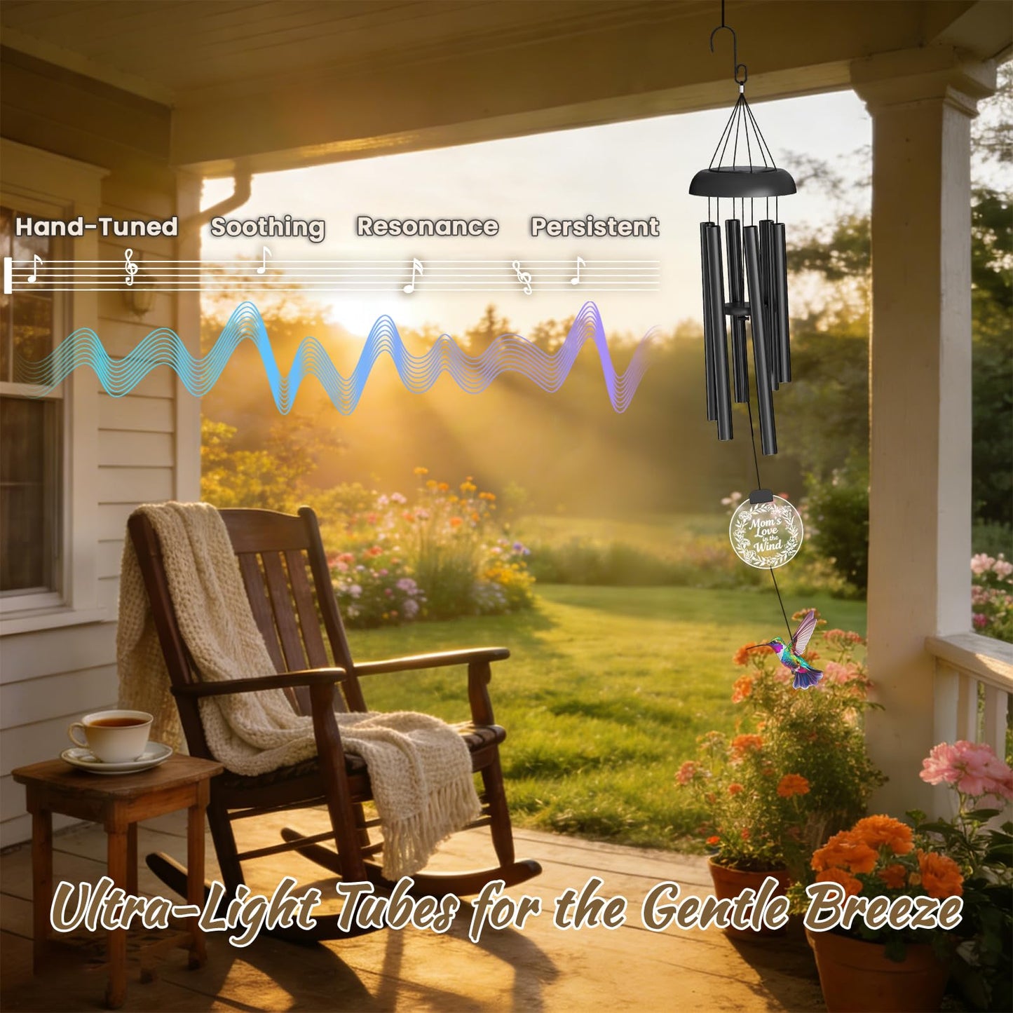 37" Solar Wind Chimes for Outside, Gifts Wind Chimes with Solar Powered Acrylic Lights & Hand-Painted Hummingbird for Mom, Grandma, Outdoor Wind Chimes for Garden, Patio, Yard