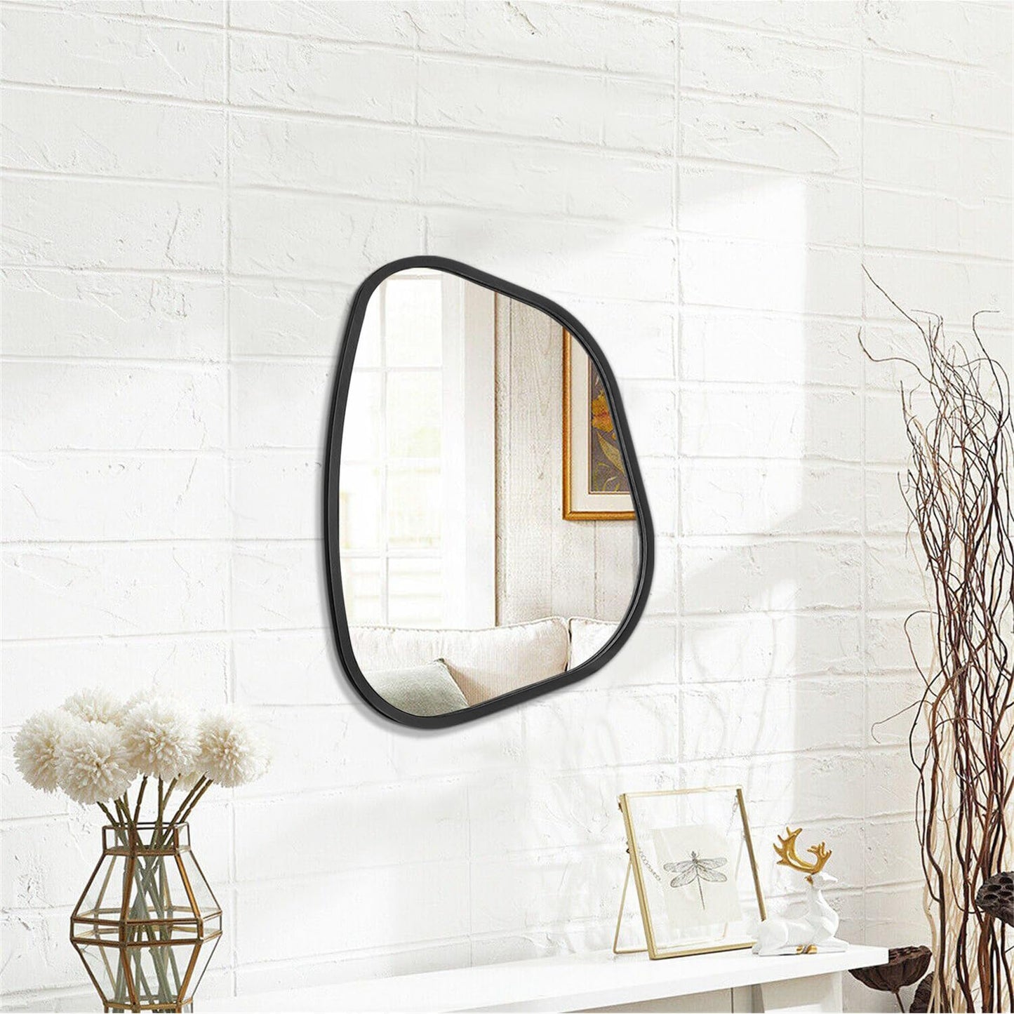 HLFMVWE Asymmetrical Mirror for Wall Irregular Oval Wood Frame Modern Unique Accent Wall Mirror Decorative Vanity Bathroom Living Room Bedroom Entryway Hallway Artistic Wavy Mirror Small 14"x10"
