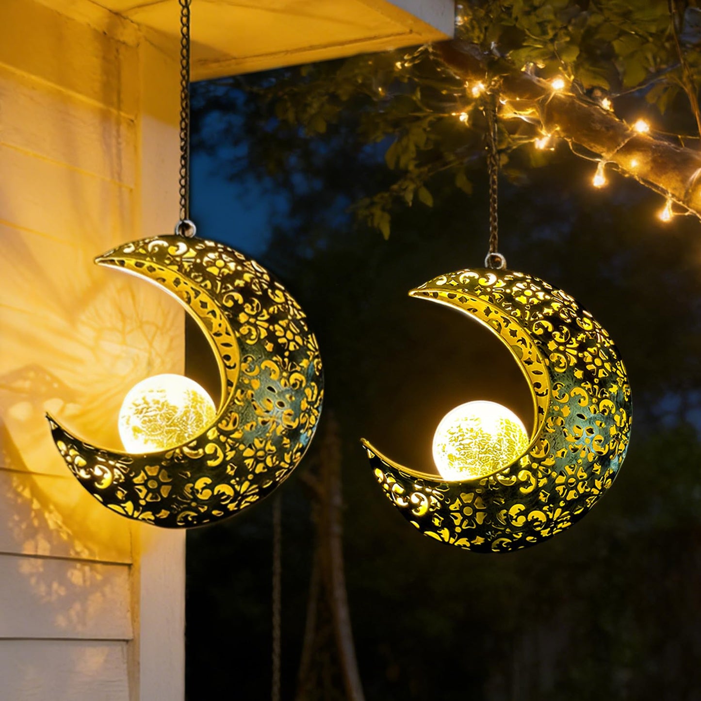 QCF Solar Garden Hanging Moon Lights Outdoor Decor,2 Pack Metal Lanterns Art Decorations for Outside Yard Lawn Patio Wall Fences Driveway Trail,Unique Housewarming Gardening Gifts for Women Mom
