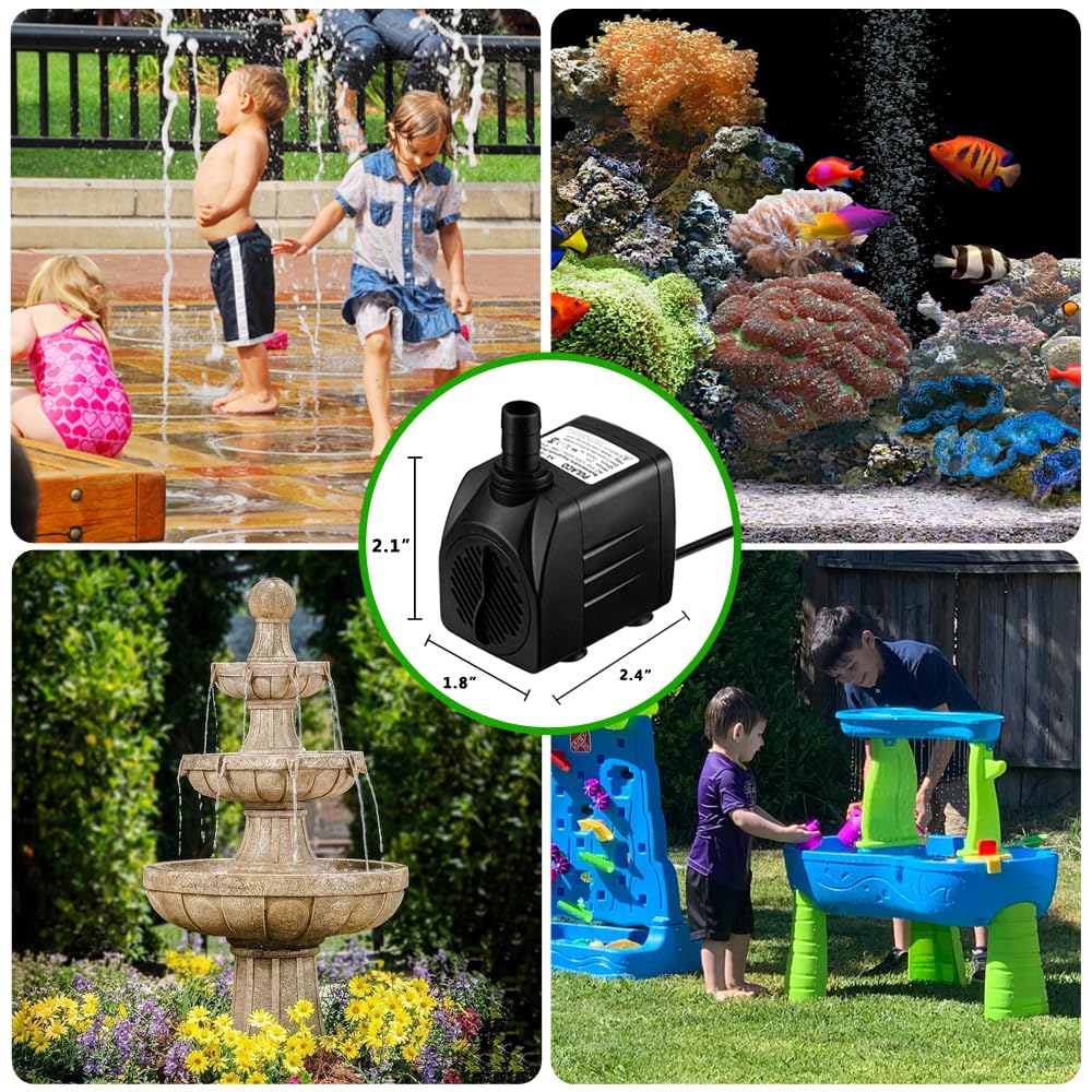 PULACO 160GPH Small Fountain Pump, Ultra Quiet Submersible Water Pump (600L/H, 10Watt) with 3.3 ft Tubing for Aquariums, Pond Fountain, Water Feature, Indoor Fountains