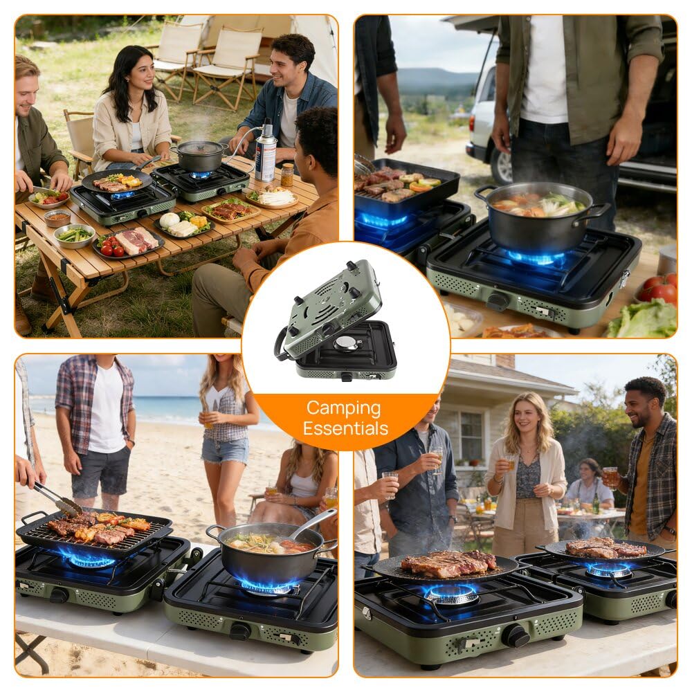 FGY 2 Burner Portable Gas Stove, 17,200 BTU Portable Folding Camp Stove,Dual gas stove with portable handle and Carrying Bag,Adjustment Burner & Piezo Ignition for Camp Cooking,Outdoor (Green）