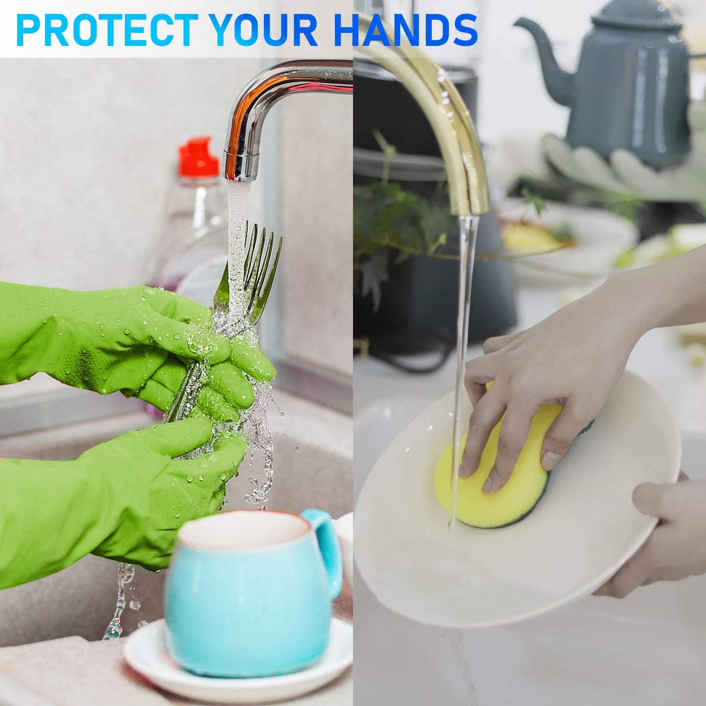 Disfore Rubber-Gloves Dishwashing Gloves for Cleaning-Kitchen - 2 Pairs of Durable and Reusable Kitchen Glove，Long Sleeve Waterproof Household Cleaning Gloves for Washing Dishes (Medium Green)
