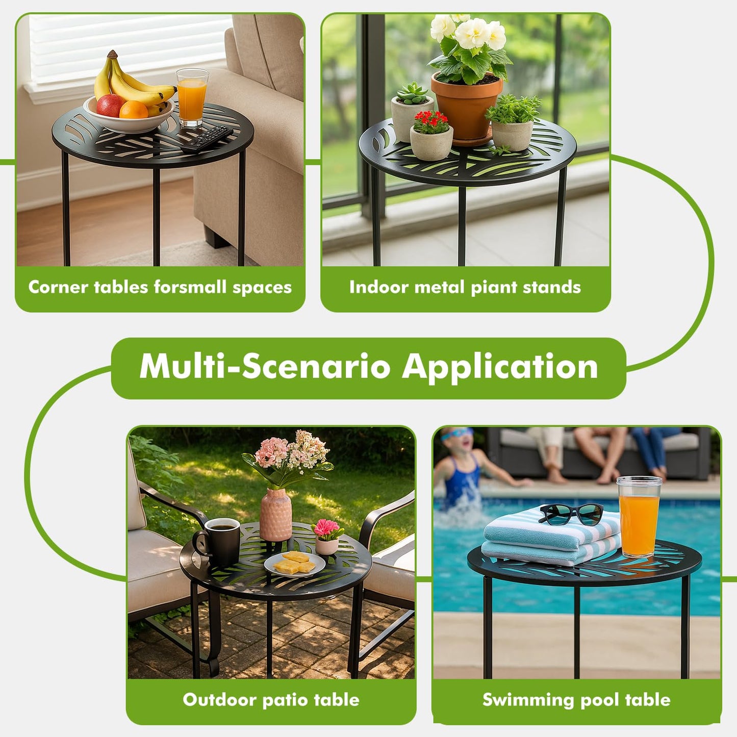 Extra-large Metal Side Table 17.7 Inches Heavy-duty Black Outdoor Patio Garden End Table Round Accent Corner Stand for Small Space Weather-resistant Coffee Table for Balcony Porch Plant Stand, Black
