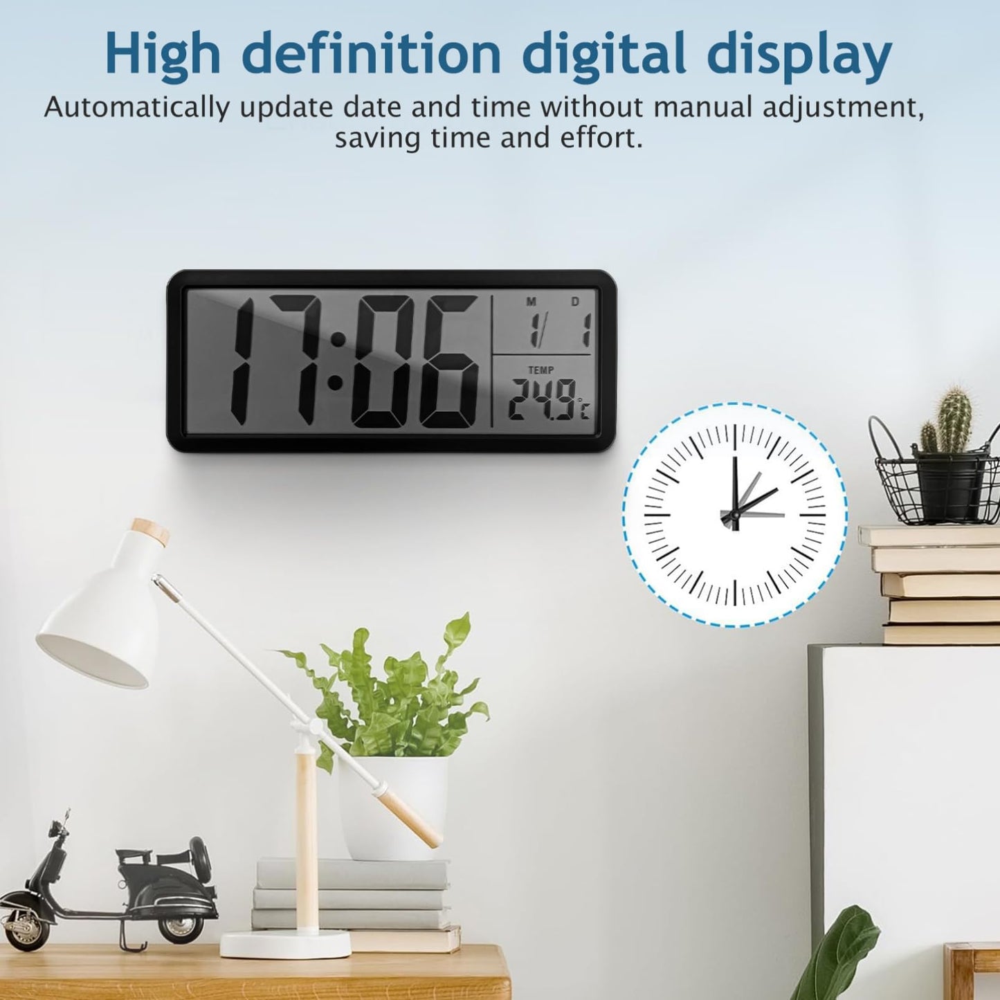 Cabilock Digital Wall Clock Battery Operated: Wall-Mounted LCD Display Clocks with Date Temperature, 12/24hr Silent Bedside Clock for Office Home Living Room Bedroom Kitchen