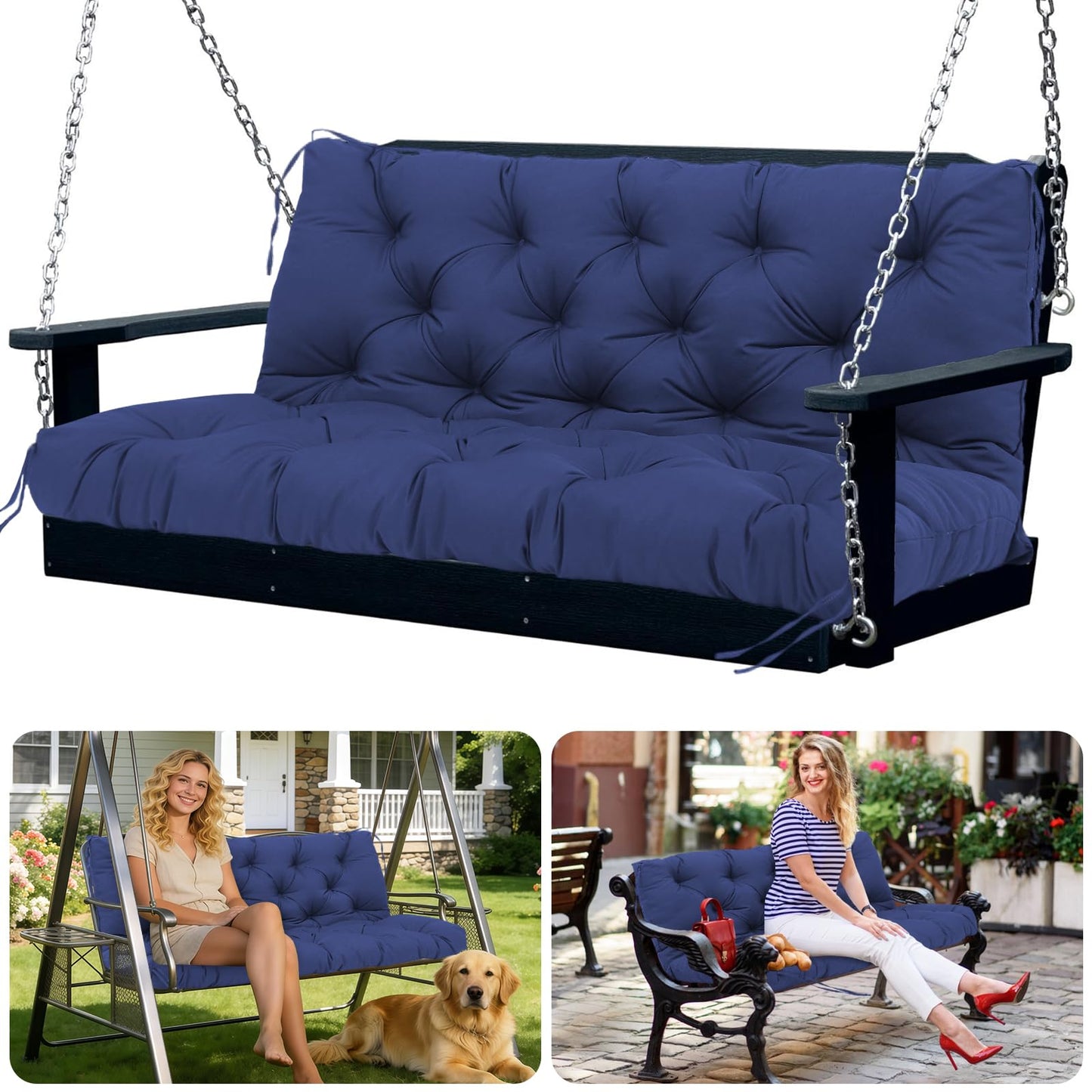 SXBFHGH Swing Cushions 3 Seater Replacement Waterproof Outdoor Porch Swing Cushion with Backrest Extra Thick 5" Swing Cushions for Outdoor Furniture Patio Bench Garden Backyard (Navy Blue 60x40x5inch)