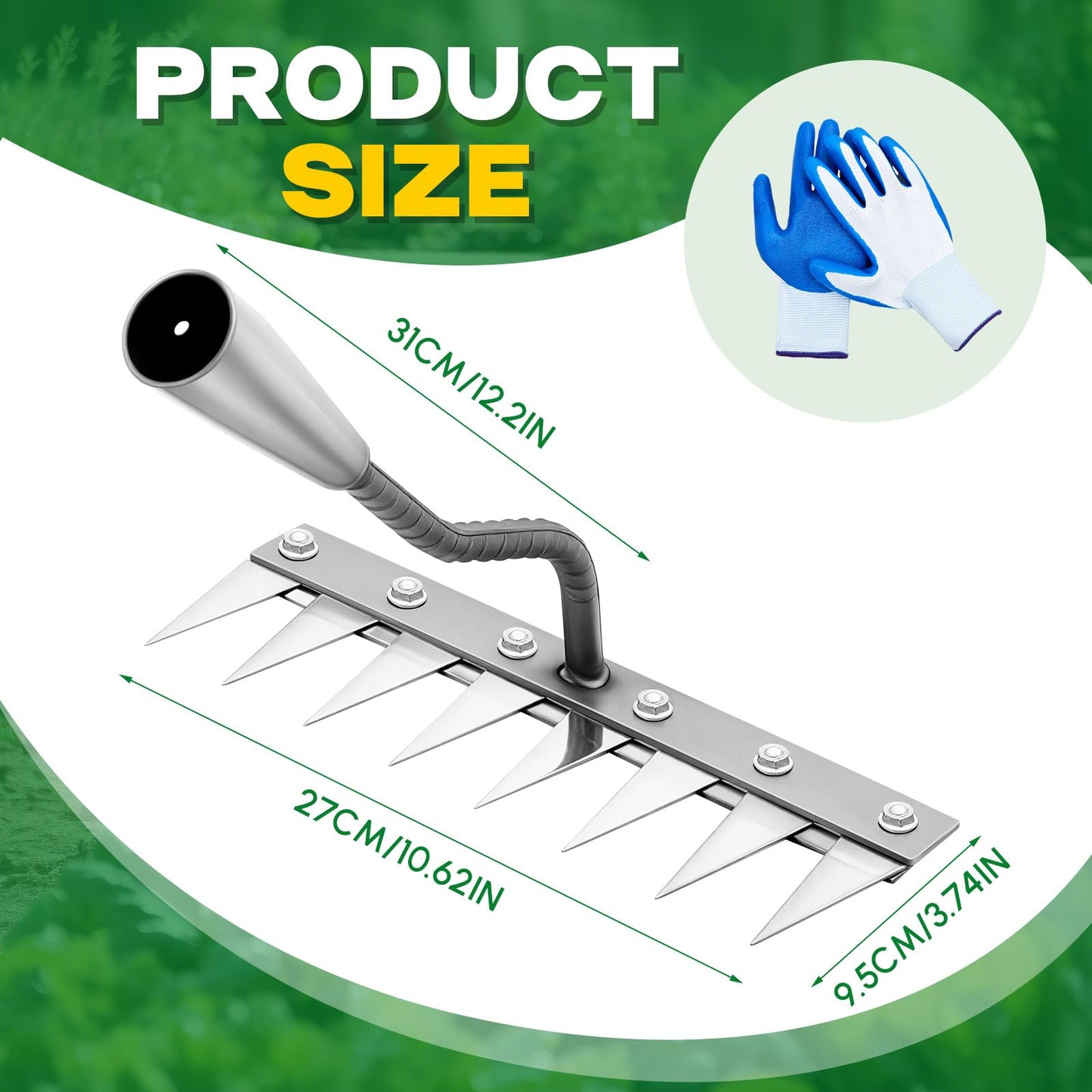 Oh Klyzo 8 Teeth Garden Weeding Rake Set, Heavy Duty Carbon Steel Garden Weed Puller Tool with Gloves for Weed Loosening Soil Leveling Thatch Rake, Sharp Blade, Quick Weeding, Without Handle