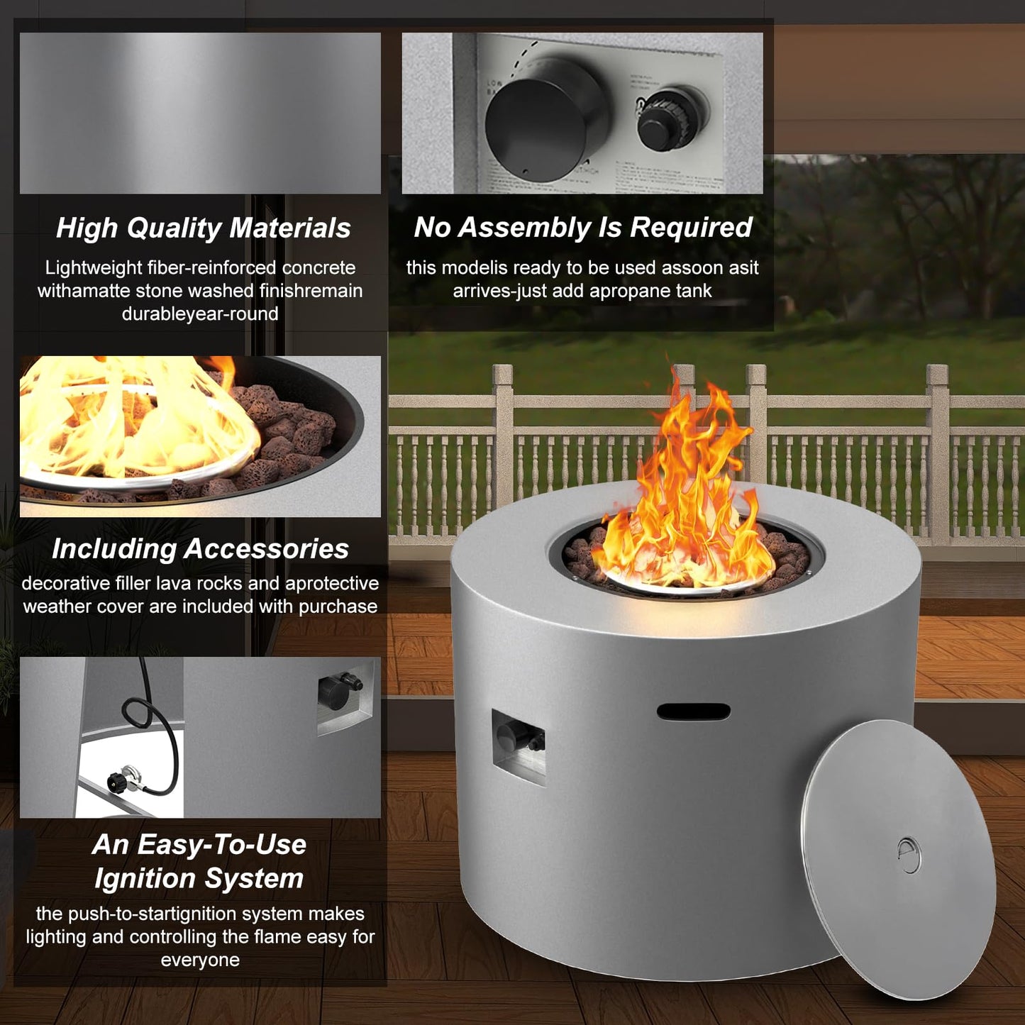 32" Smokeless Propane Fire Pit Table with Lid, Alloy Steel Round Outdoor Patio Dining Firepit 50,000 BTUs, Lava Rocks, Weatherproof Cover, CSA Safety Certified, for Wooden Deck, Backyard Pool, Grey