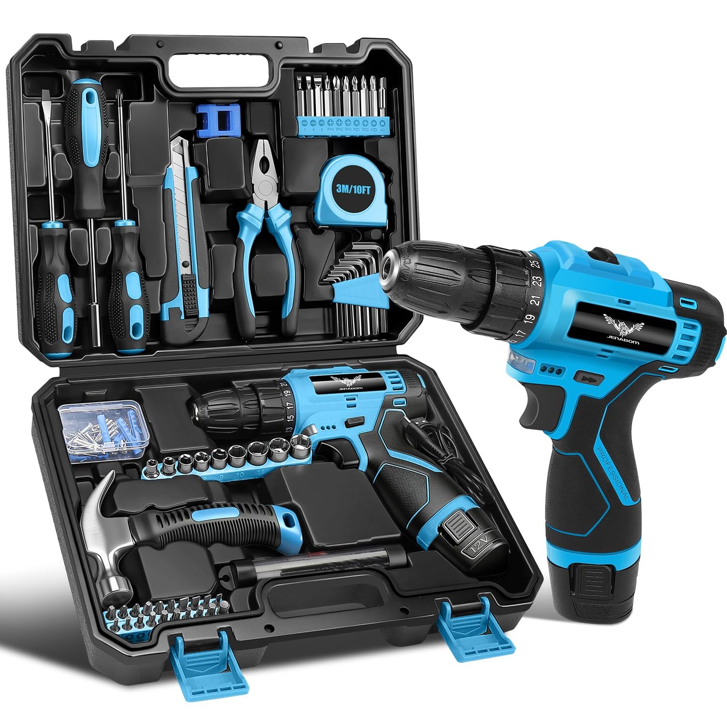 JENABOM Tool Set：Tool Kit with 12V Cordless Drill,Tool Box with Drill,Hand Drill Set for Men & Women,Home Tool Kits for House Repair,Handyman,DIY 146 Piece