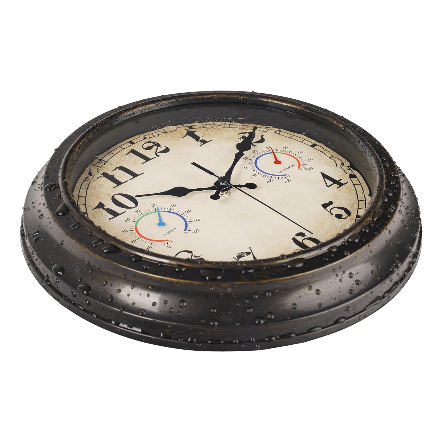 12 Inch Outdoor Clock with Thermometer and Hygrometer Combo, Waterproof Indoor Outdoor Wall Clocks for Patio, Pool,Garden Decor- Retro Bronze