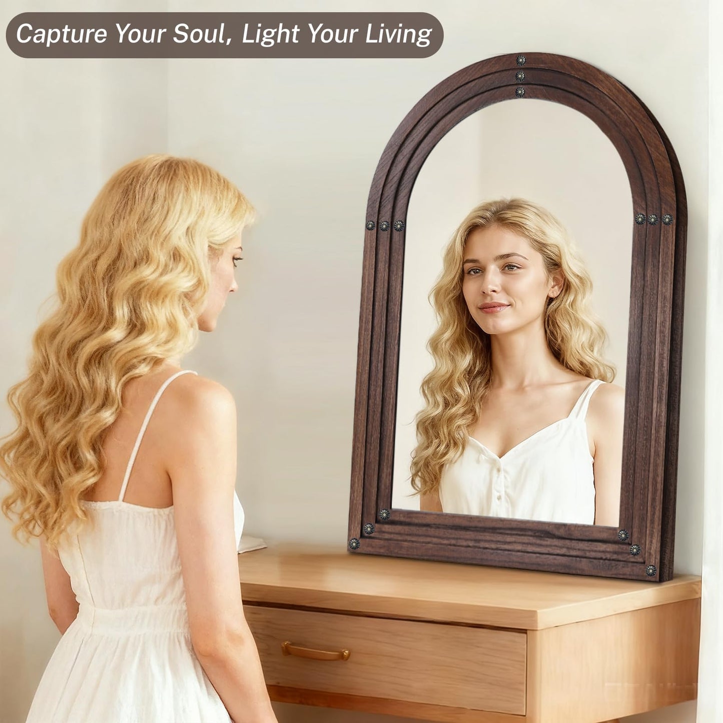 LXWZHK 36"x24" Arched Wooden Frame Wall Mirror, Rustic Vanity Wall Mirror for Bathroom, Bedroom, Brown