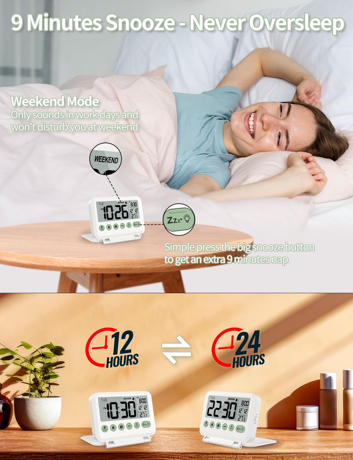 MeesMeek Digital Travel Alarm Clock - 3.54 inch LCD Display, 9-Minute Snooze, 2 Volume Levels, Backlight, Battery Included (White)