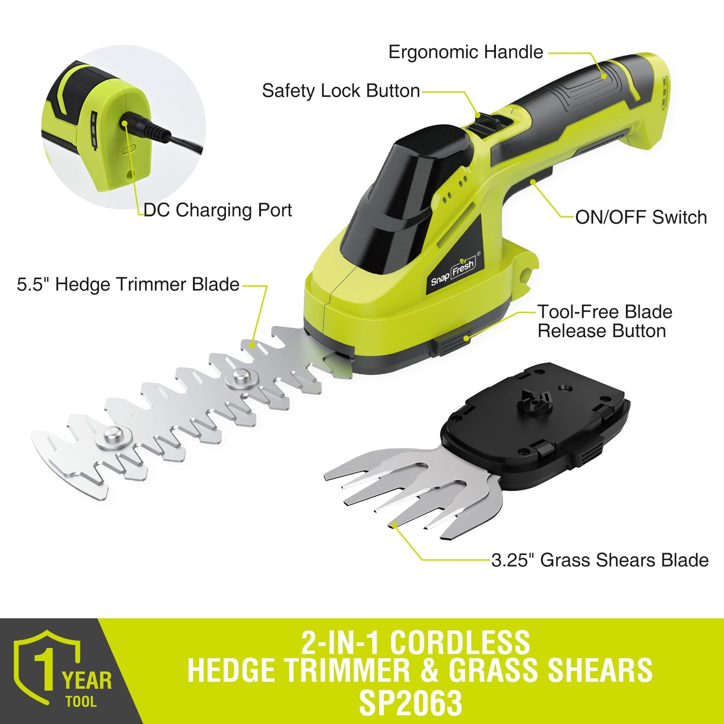SnapFresh Cordless Grass Shear Bush Trimmer, 2 in 1 Handheld Hedge Trimmer, 7.2V Electric Grass Trimmers, Lightweight Shrubbery Trimmers Battery & Charger Included, Shrub Trimmer for Garden(Green)