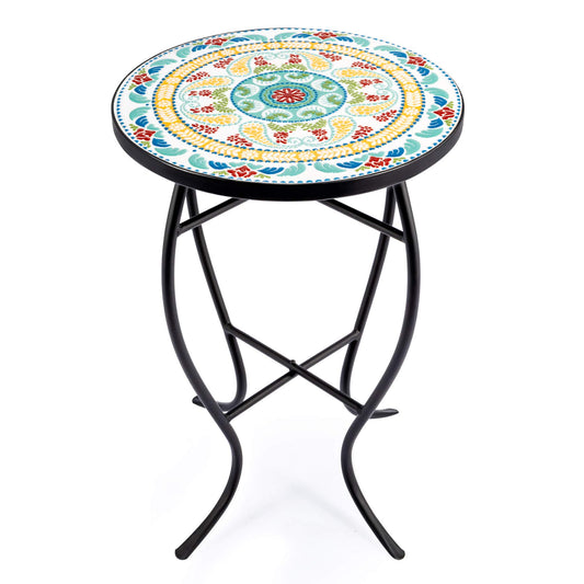 VONLUCE 21" Mosaic Plant Stand, 14 Inch Round Side Table with Ceramic Tile Top, Indoor and Outdoor Accent Table, Outdoor Patio Furniture, End Table for Garden Patio Living Room More, Floral