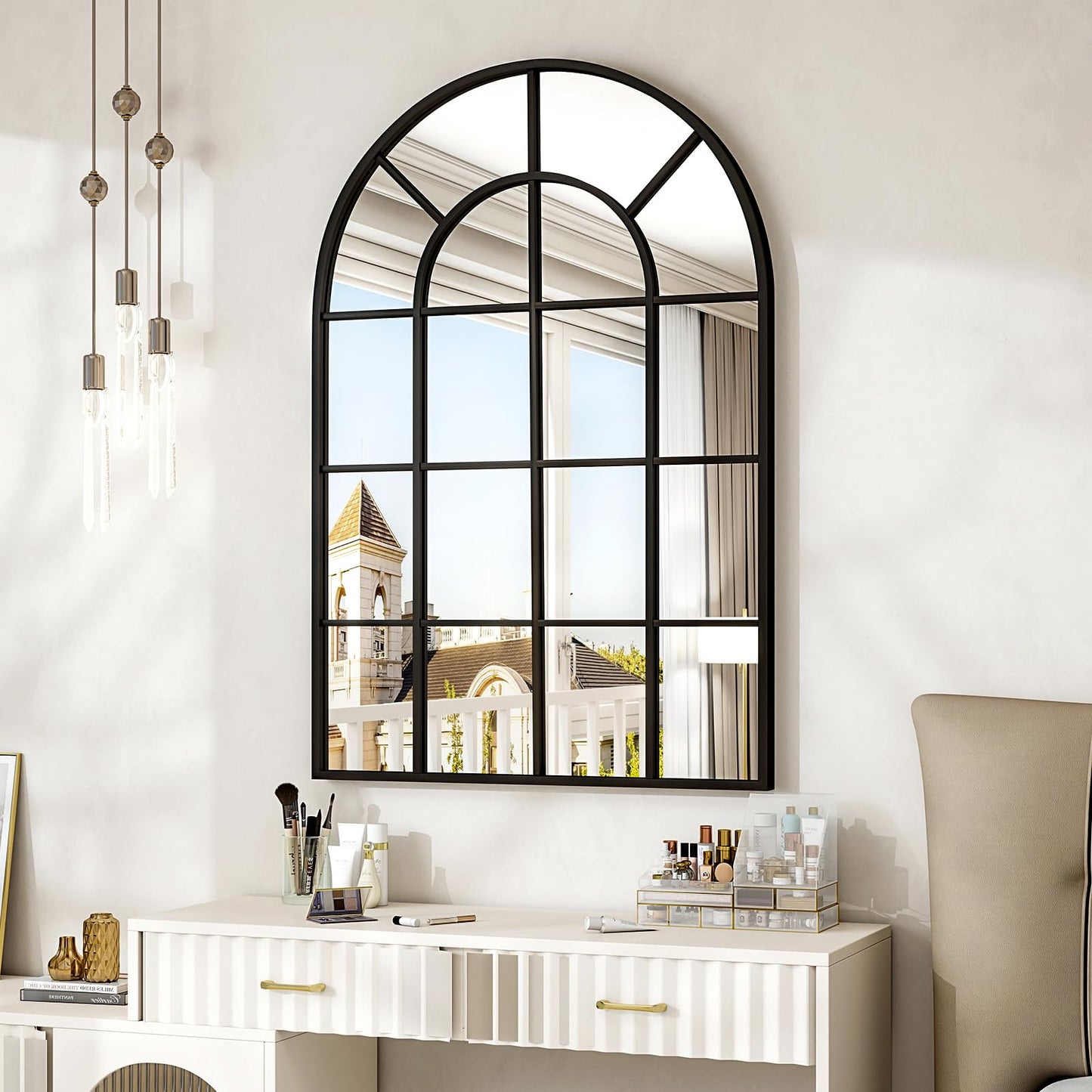 Riskioir 30"×40" Windowpane Arched Wall Mirror, Grid-Designed Decorative Farmhouse Wall Mounted Mirror with Metal Frame Hanging Leaning for Entryway, Living Room, Home Decor, Black