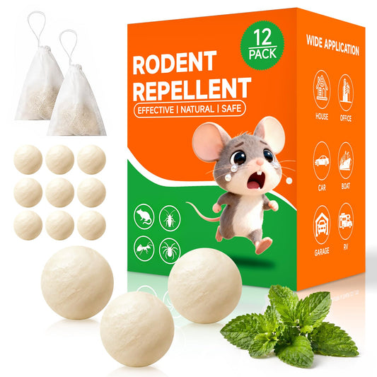 Mouse Rodent Repellent, 12 Pack Peppermint Oil Repellent Balls for Mouse Rats Squirrel Spider Roach Ant Pest Control Indoor & Outdoor, Natural Moth Balls for Rodent Control for Garden & Home