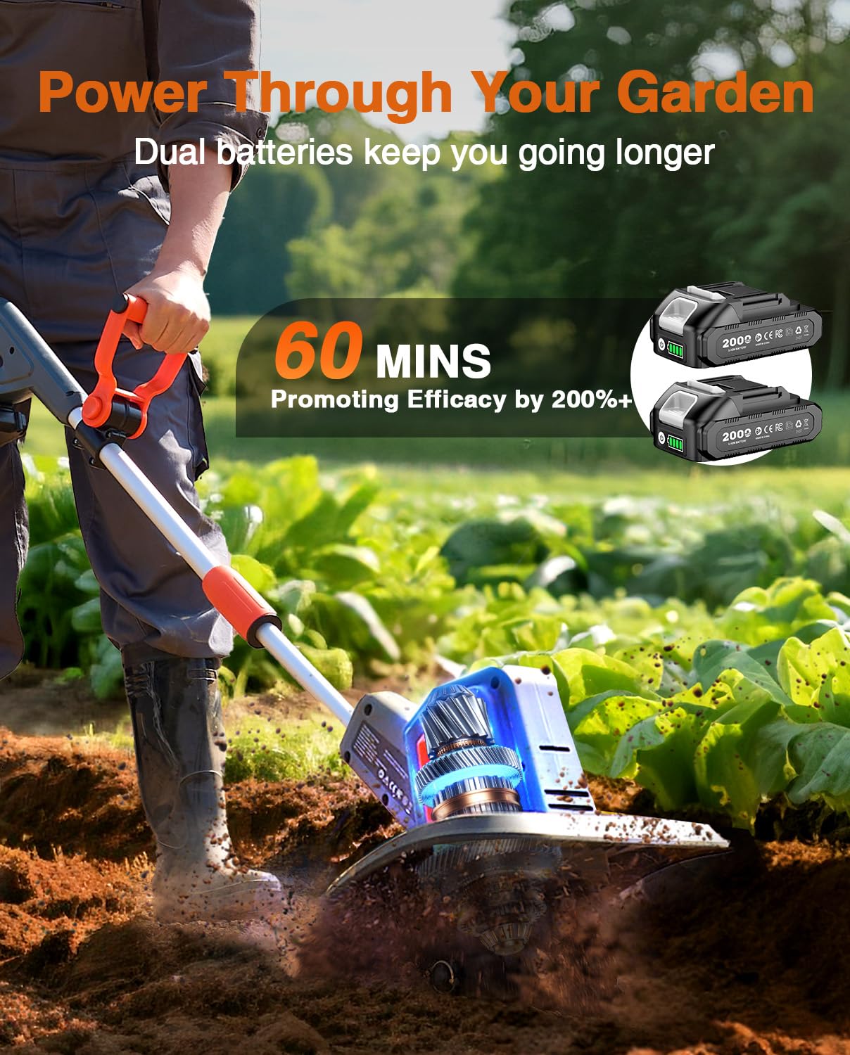Cordless Tiller Cultivator for Gardening, 360 RPM Electric Garden Rototiller with 48 Steel Tines, 9 Inch Tilling Width & 7 Inch Depth, 21V Battery Powered Small Tiller for Soil/Cultivating/Lawn/Garden