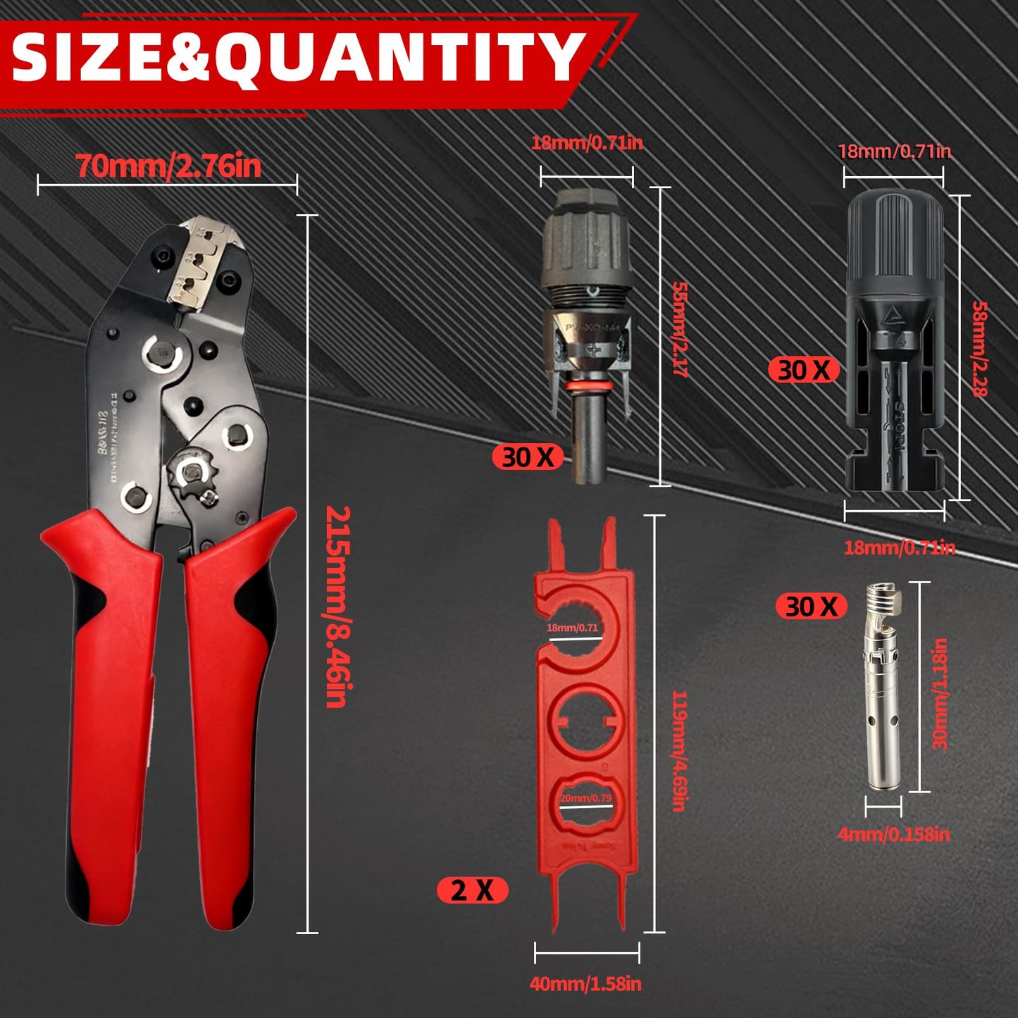 51 PCS Solar Crimper Tool Kit, Solar Panel Connector Crimping Tool with 24 Pairs Connectors,1 PCS Wire Crimper,2 PCS Multi-Functional Spanners Wrench for PV System Assembly and Installation