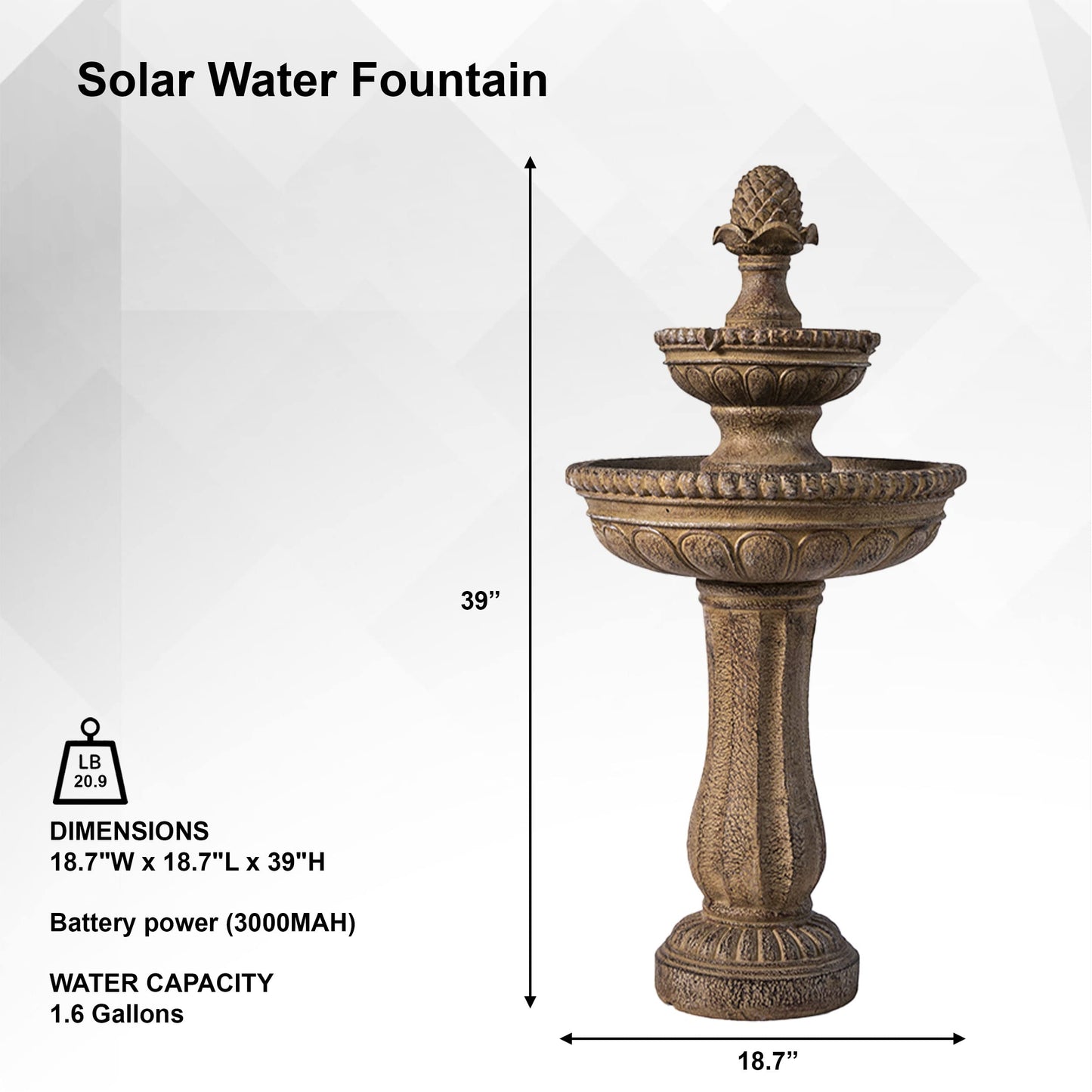 XBrand 39" Solar Water Fountain, 2-Tier Outdoor Sand Stone Resin with Solar Panel & Pump for Home Garden Yard Decor