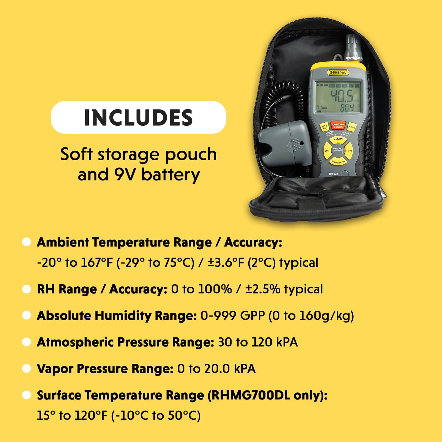 General Tools RHMG650 9-In-1 Thermo-Hygrometer with Pin/Pinless Moisture Meter
