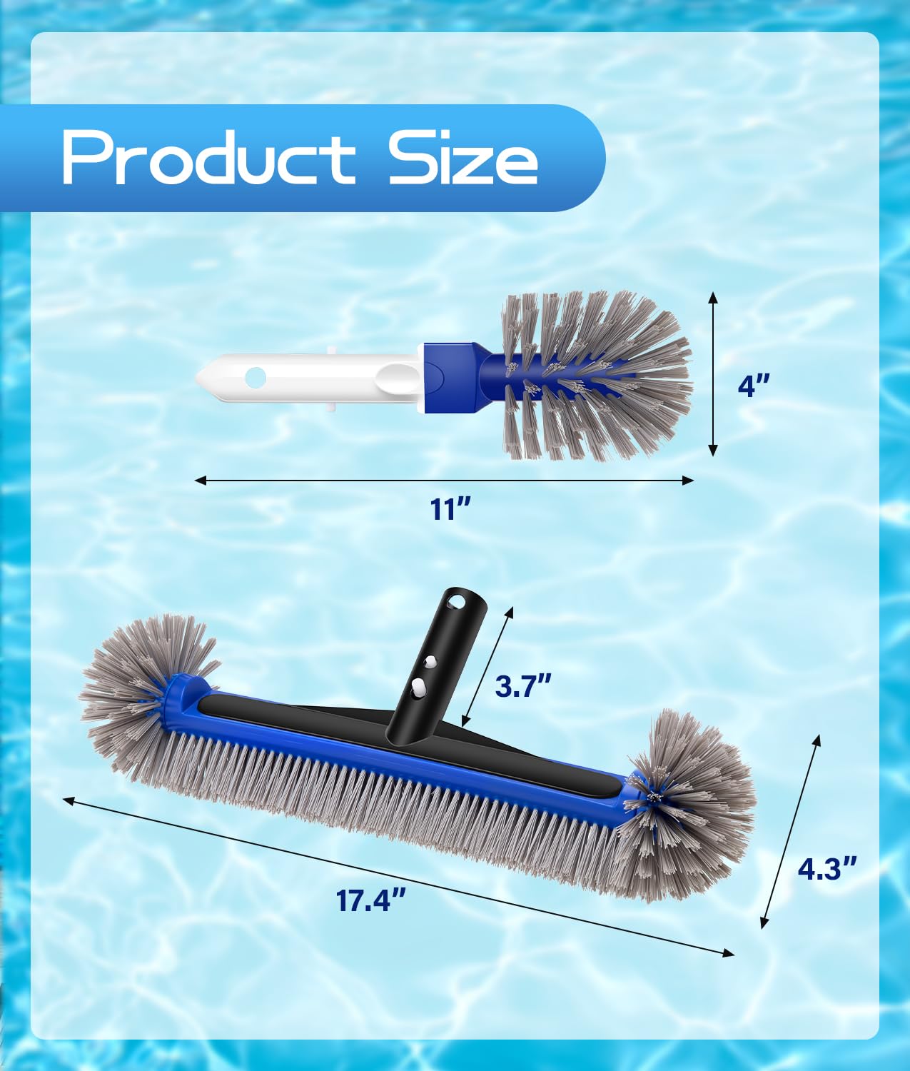 17.4'' Swimming Pool Brush Head with Round Ends, EZ Clip Aluminum Handle, Heavy Duty Pool Brushes for Clean Swimming Pools Faster, Extra Corner Brush Head for Clean Pool Steps & Corners