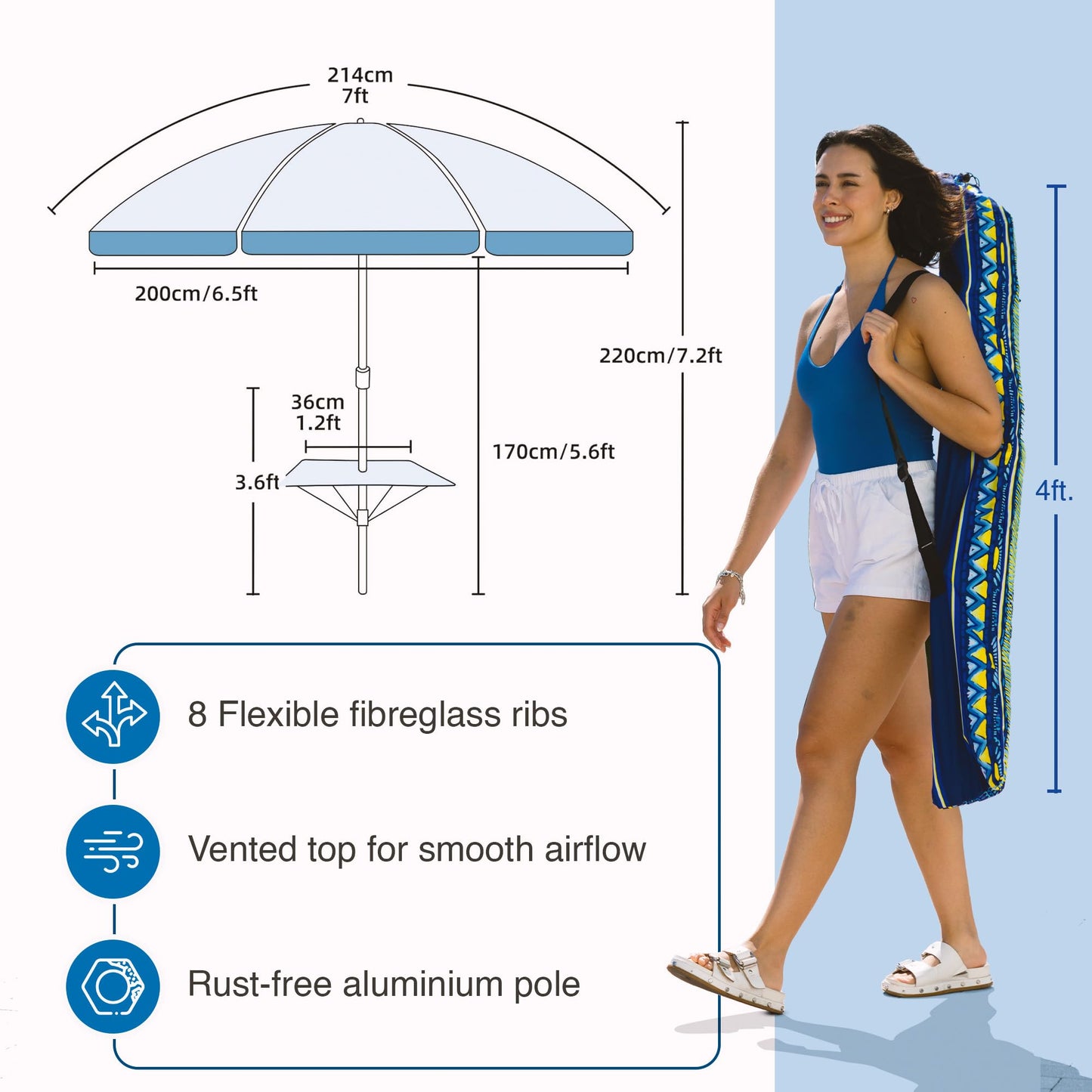 AMMSUN 7ft Heavy Duty High Wind Beach Umbrella with sand anchor, Built-in Table Tray & Tilt Pole, UPF 50+ Windproof Portable Outdoor Umbrellas Carry Bag for Patio Garden Pool Backyard stripe (Haute
