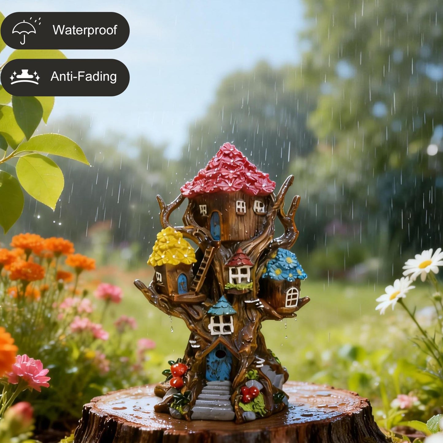 BLBYHO Solar Fairy House Large Fairy Garden Treehouse for Outside, Fairy Garden Accessories Outdoor, Garden Statues Fairy Tree House, for Home, Yard, Balcony Decor, Birthday Gifts for Kids
