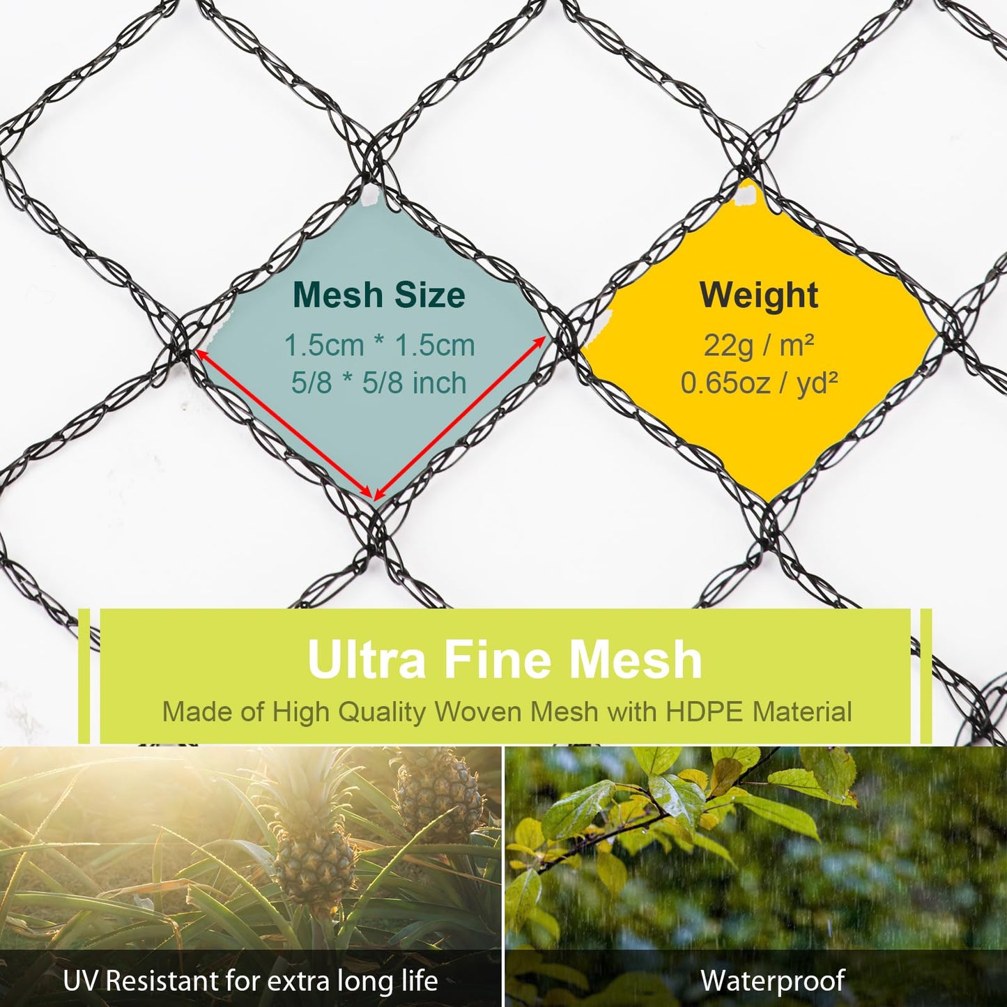 Bird Netting for Garden, 26 x 49FT Heavy Duty Anti Bird Netting Mesh with Ties and Landscape Staples for Vegetable, Fruit Trees & Other Plants, Lasting Against Birds Squirrels and Poultry, Black