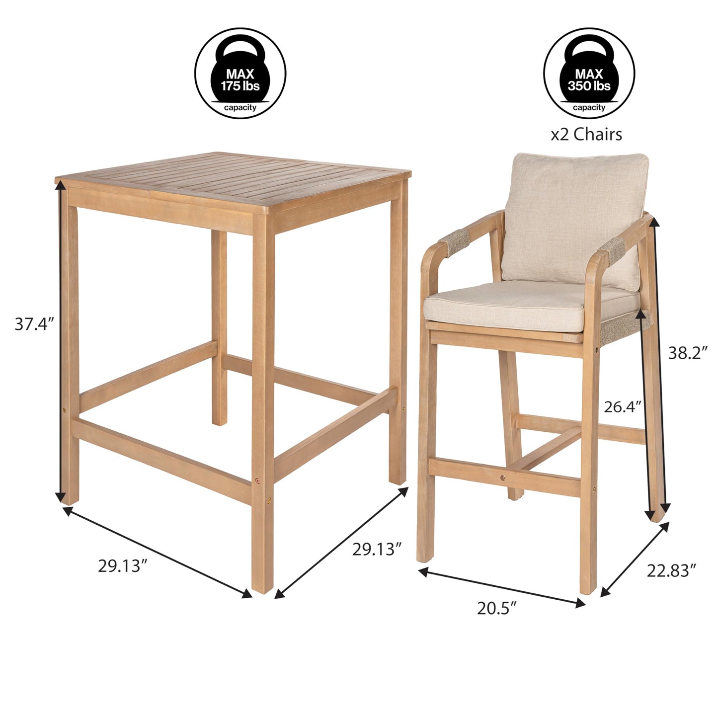 JONATHAN Y DNG2005A-3SET Porto Modern Coastal 3-Piece Acacia Wood Outdoor Square Table Bar Set with Cushions for Patio, Garden, Lawn, Backyard, Pool, Deck, Beige/Light Teak
