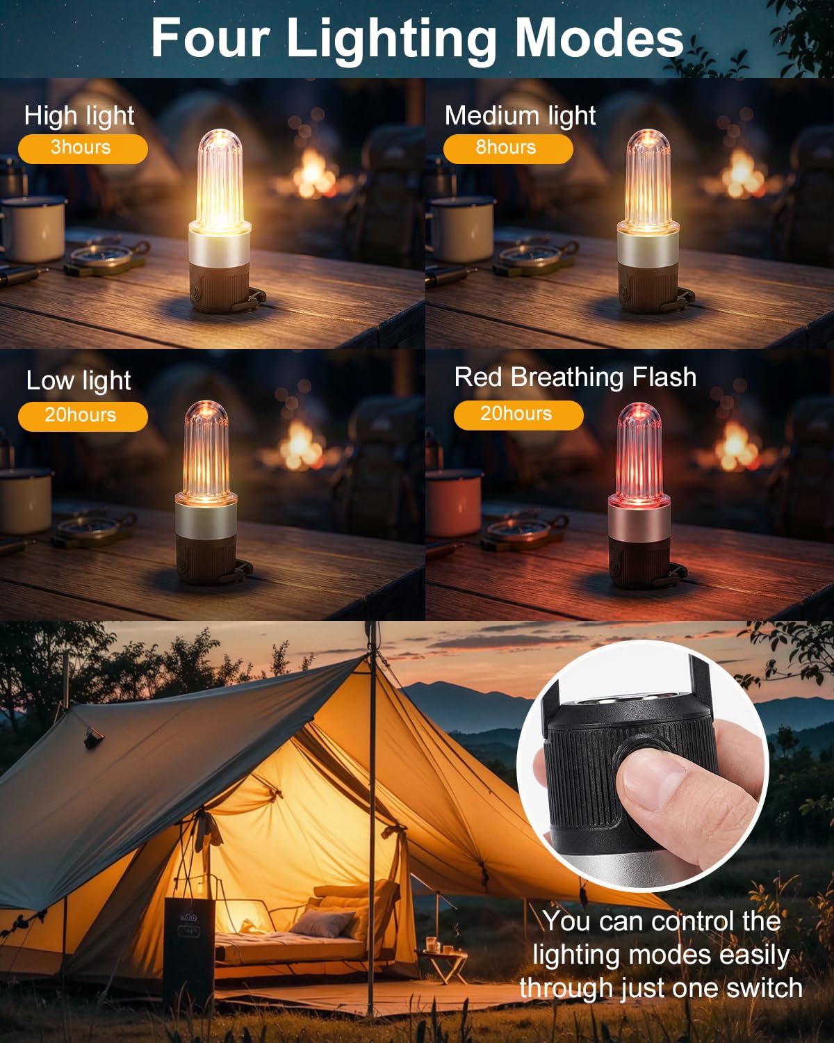 Livinlarge Led Camping Lantern USB Rechargeable,Portable Tent Lamp Emergency Lights with Hook,4 Lighting Modes,with Magnetic Attachment Feature,for Hiking,Party,Camp,Fishing,Power Failure,4 Pack