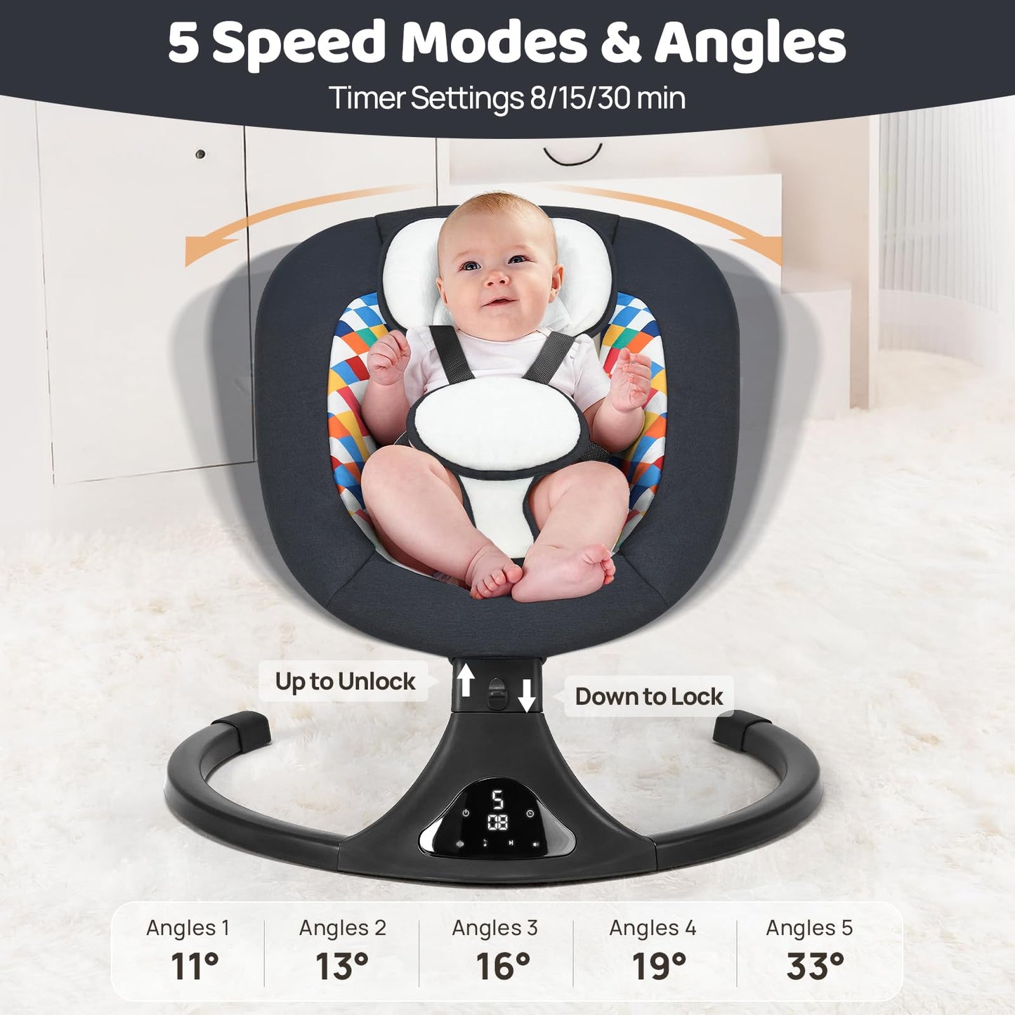 Baby Swing for Infants, Modern Infant Swings with Bluetooth & Remote Control, 5 Speed Motions, 12 Soothing Sounds, Portable for Newborns (Max 20 lbs Black)