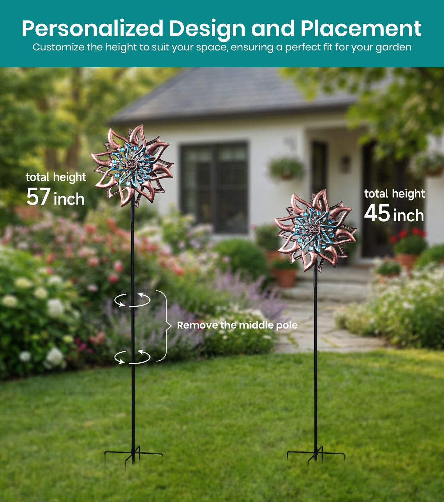 VUFOZ 360° Garden Wind Spinner for Outdoor Yard Art – W13xH64 Kinetic Windmill for Garden, Lawn, and Patio – Dahlia-Inspired Copper and Teal Wind Spinners Outdoor Decorative Yard Art