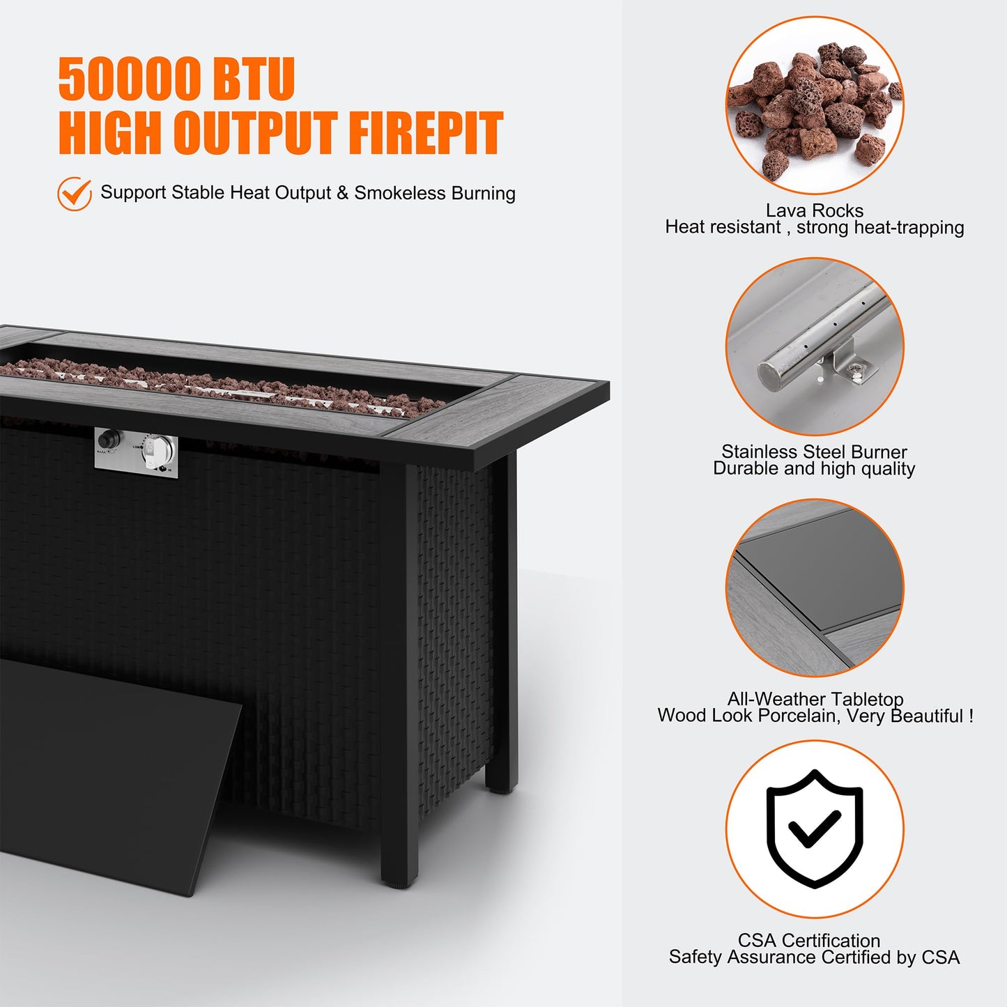 45 inch Propane Fire Pit Table, 50,000 BTU Outdoor Gas Fire Pit Table with Lid, Waterproof Cover, Rectangle Gas Firepit Table for Garden/Patio