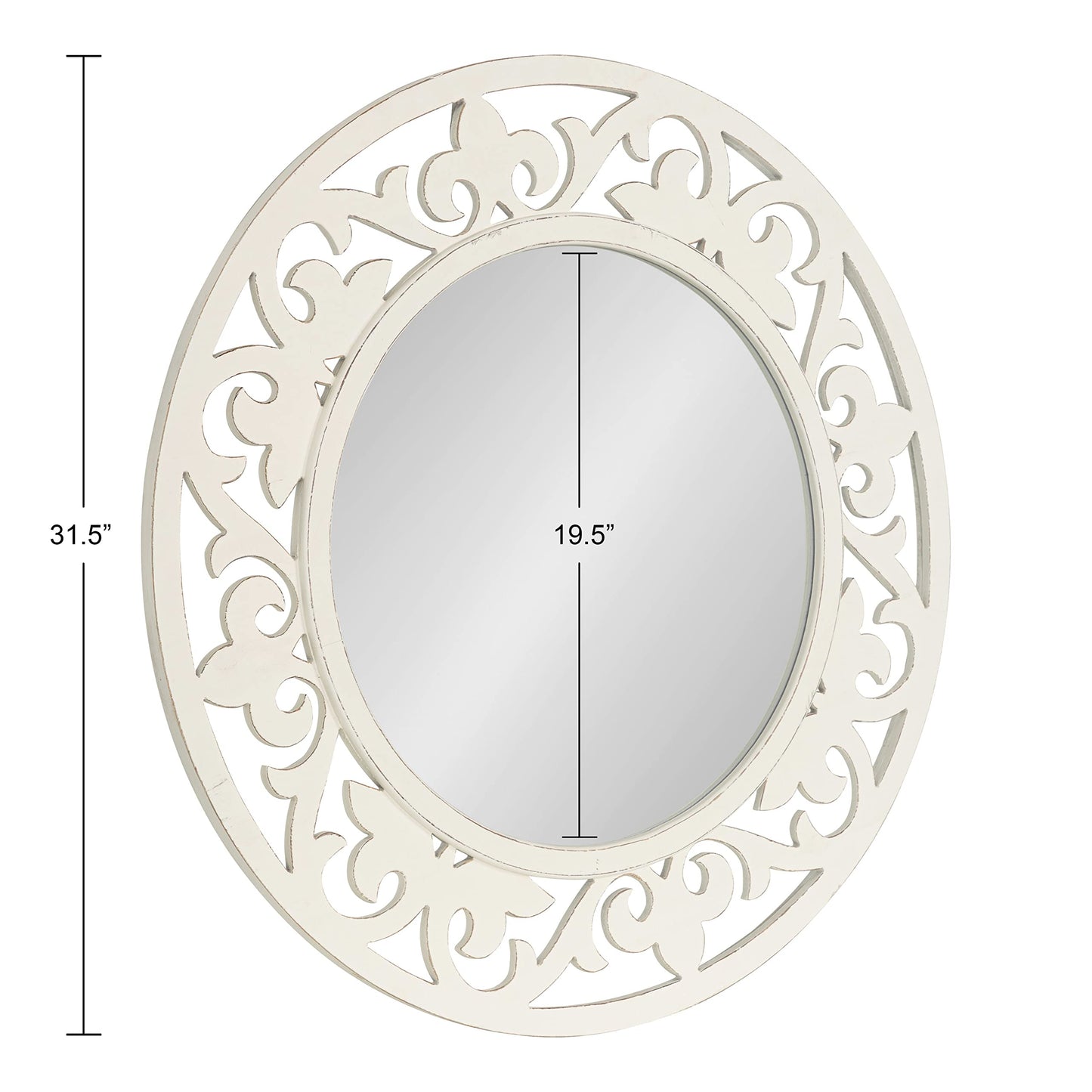 Kate and Laurel Shovali Coastal Round Mirror; 32 Inch Diameter; White; Decadent Wall Decor with Ornate Wood-Carved Frame