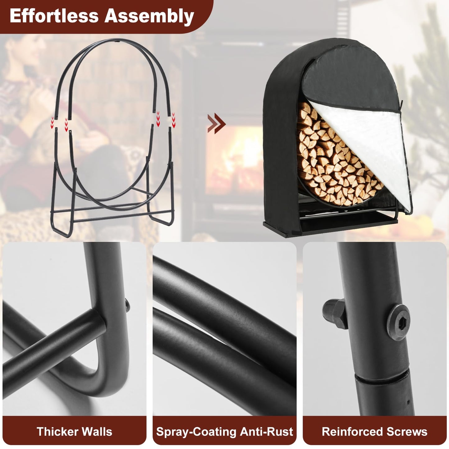 35 Inches Firewood Log Rack Hoop with Cover & Tray, Heavy Duty Solid Steel Fire Wood Storage Rack and Cover Set with Zipper for Outdoor/Indoor, Round Log Holder with 33in Tray, Waterproof Cover