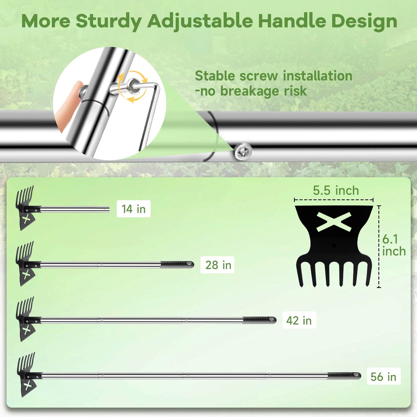 2 in 1 Garden Hoe and Cultivator Weeding Rake 6 Tines, Manual Weed Puller Tool with Long Handle, 56" Heavy Duty Hand Weeder Remover Tools for Patio, Lawn, Garden, Flower Beds, Loosen Soil and Planting