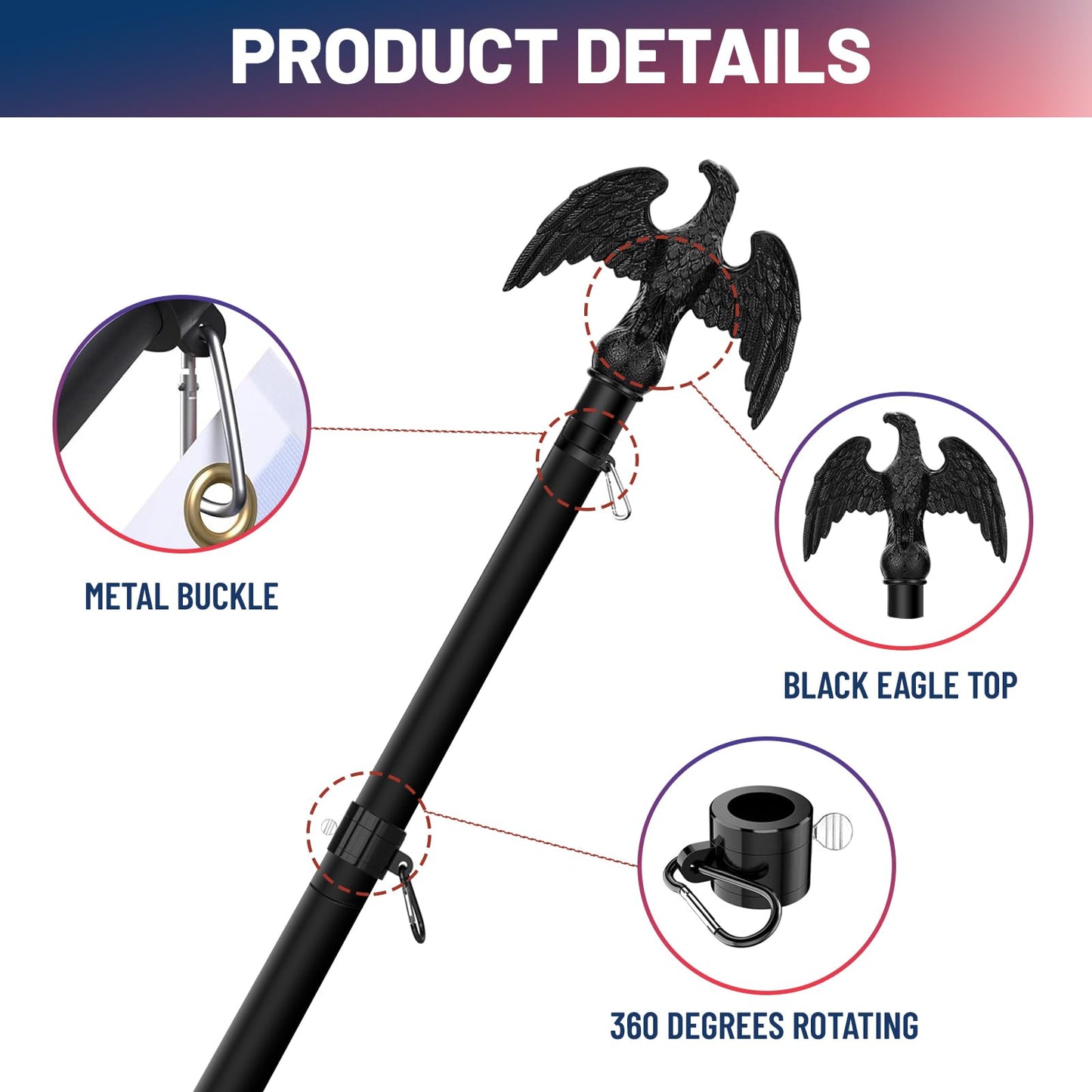 Indoor Flag Pole Kit with Base 6FT-8FT,Aluminum Commercial Indoor Flagpole & 360° Rotating Anti Wrap Ring,Adjustable Heavy Duty Flag Pole Kit for Office School with Black Eagle Topper (1Pack)