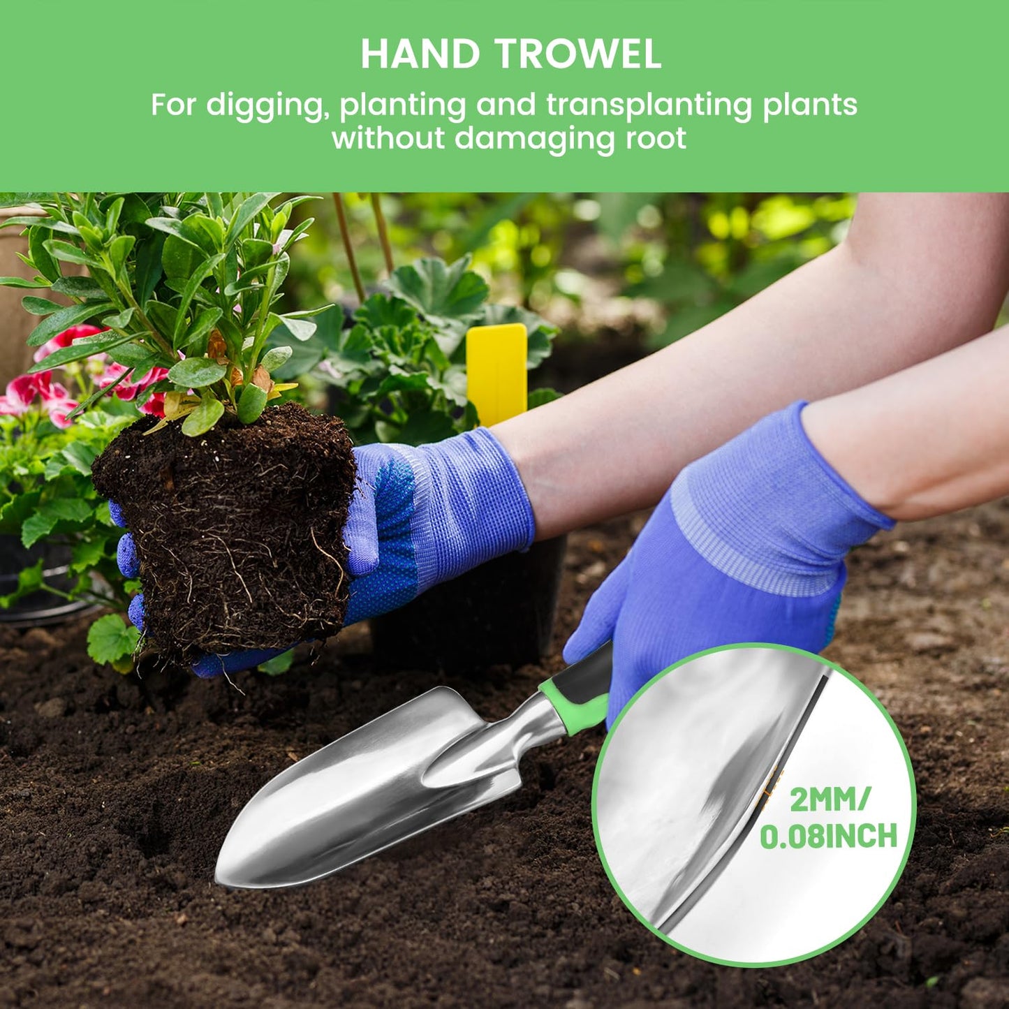 Garden Tool Set, 3 Pack Heavy Duty Gardening Hand Tools with Non-Slip Rubber Handles, Aluminum Alloy Gardening Tool Include Garden Shovel, Transplant Trowel and Hand Rake