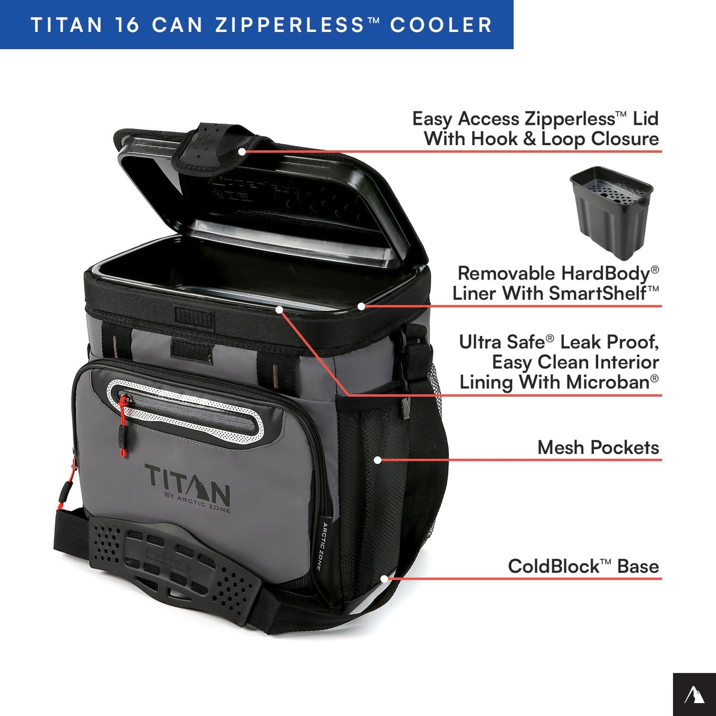 Titan by Arctic Zone Zipperless Soft Sided Cooler with HardBody Liner and SmartShelf, Insulated Bag with Shoulder Strap for Lunch and Travel, 16 Can Capacity, Sharkskin Gray
