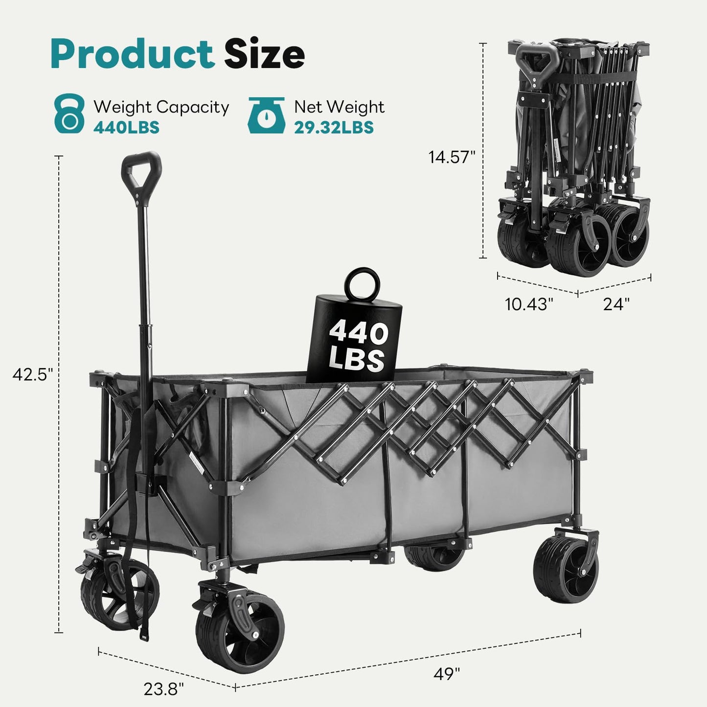 DUMOS 49''L Collapsible Extended Wagon with 440LBS Capacity, Heavy Duty Wagons Garden Cart with All-Terrain Big Wheels & Drink Holders, 250L Foldable Carts for Sports, Shopping, Camping, Grey