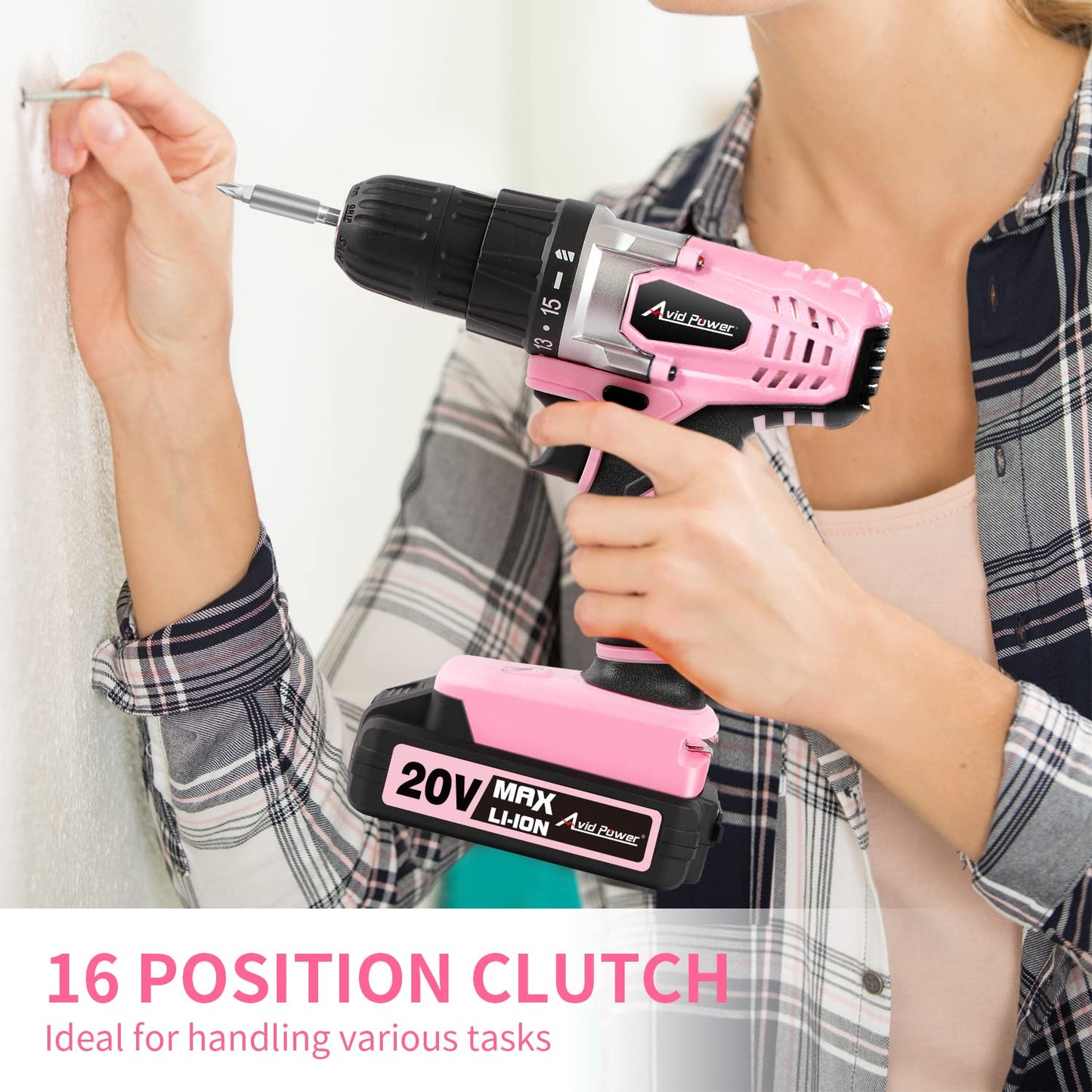 AVID POWER 20V Cordless Drill Set for Home DIY & Beginner Projects - Lightweight Power Drill with Battery Charger & 22 Bits, Variable Speed, 3/8" Keyless Chuck, Ideal for Furniture Assembly (Pink)