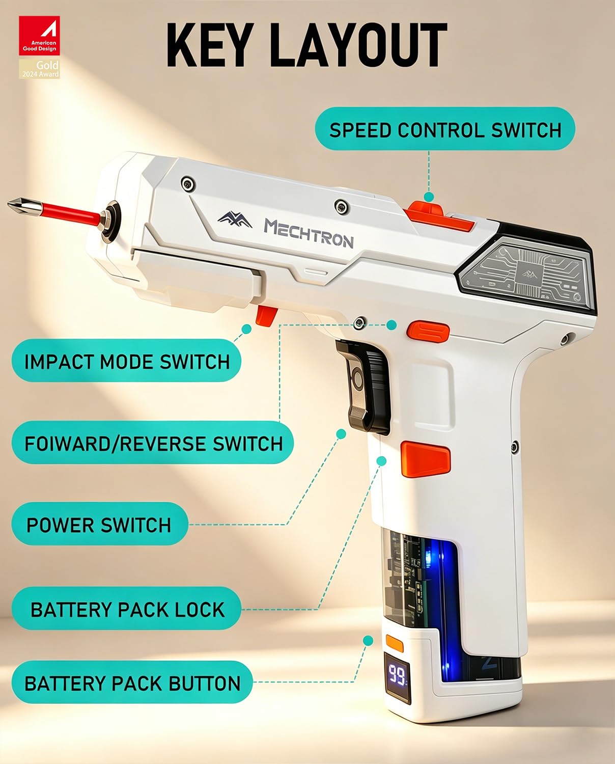 CIOURSTO Electric Screwdriver Cordless Drill with 2000mah Replaceable Battery and Charger Quickly USB-C, Max 15N.m, 2 Speed Adjustable, Power Drills for Furniture Assembly Disassembly (White)