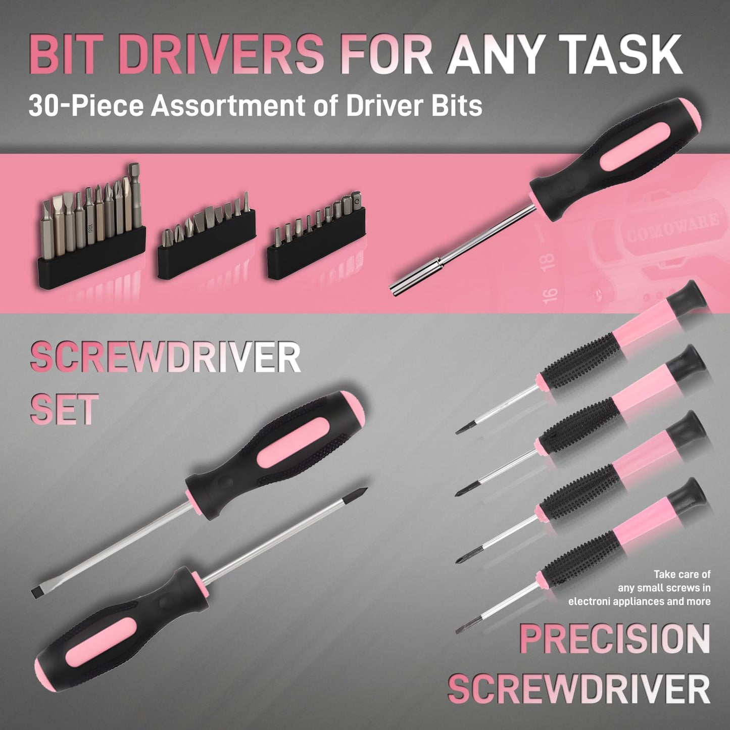 COMOWARE Pink Household Tool Set with 12V Cordless Drill Driver, Hand Tool Kit for Women, Power Drill Set with Plastic Toolbox, Ideal for Office, Garden, DIY Project