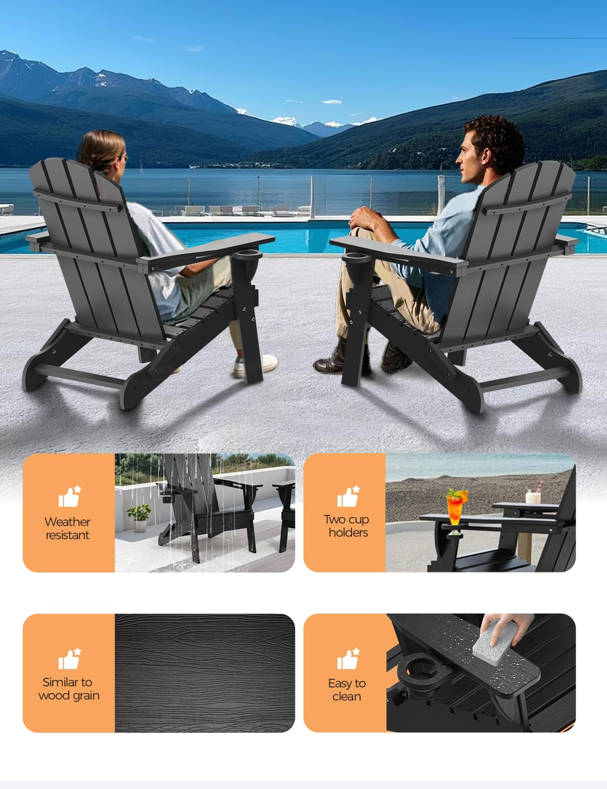 Folding Adirondack Chair, Wooden Textured Plastic Adirondack Chairs with 2 Cup Holder, Weather Resistant HDPE Fire Pit Chair, Outdoor Patio Chairs for Garden, Backyard, Lawn, Deck, 380LBS, Black