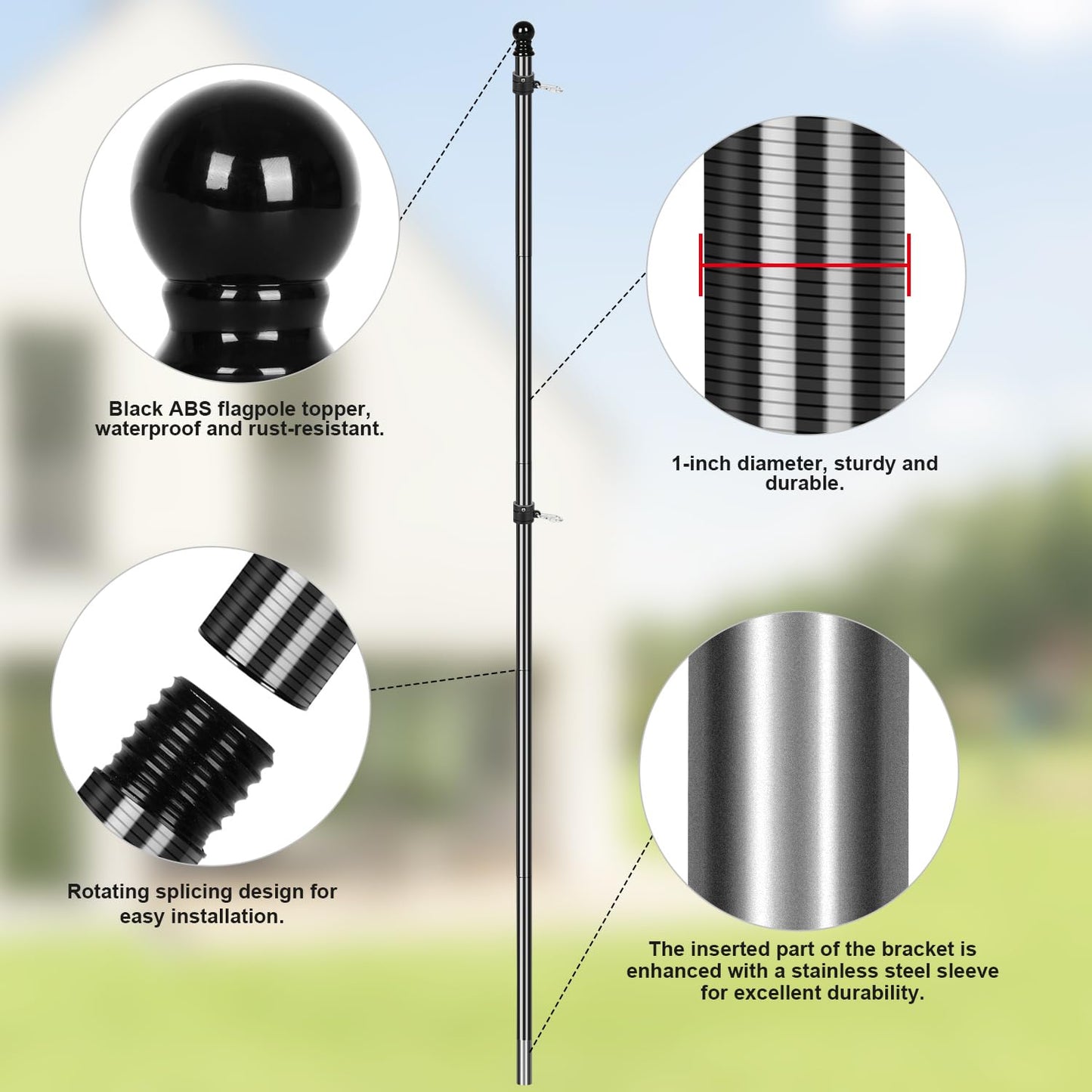 Msnaile 6FT Carbon Fiber Flag Pole, Flagpole for Outside House, Porch Flagpoles, Tangle Free Black Flag Pole Kit, Wind-Resistant, Bend-Resistant, Rust-Free (Includes Bracket, Plain Carbon Fiber)