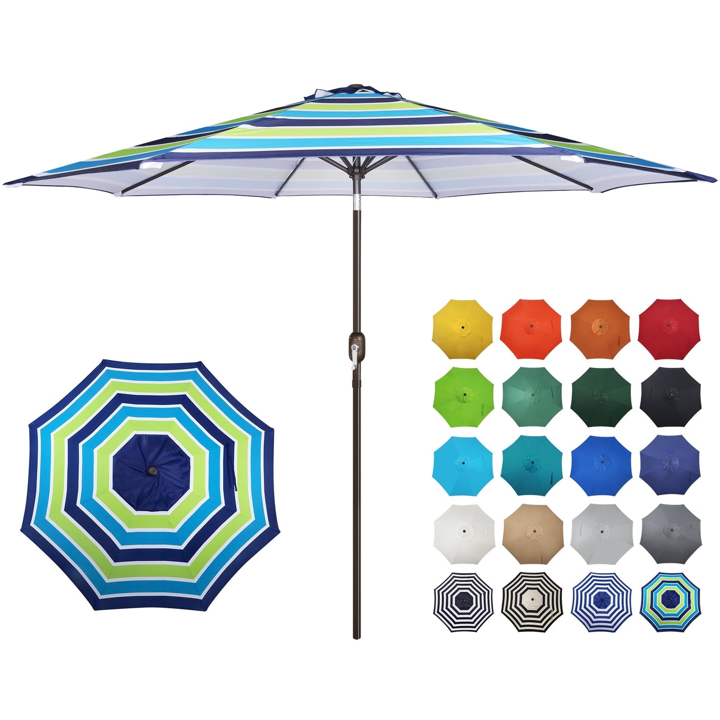 Blissun 10FT Patio Umbrella, Outdoor Table Umbrella, Yard Umbrella, Market Umbrella with 8 Sturdy Ribs, Push Button Tilt and Crank, Blue & Green