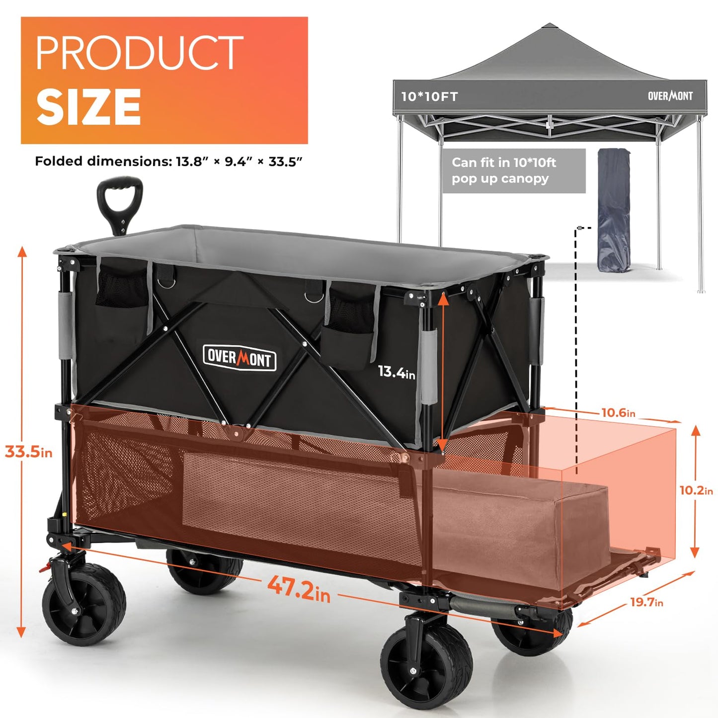 Overmont 400L Foldable Double Decker Wagon - Large Capacity Collapsible Wagon Cart- 47" Extra Long Extender - All-Terrain Big Wheels for Camping, Football Game, Sports Events, Support Up to 450lbs