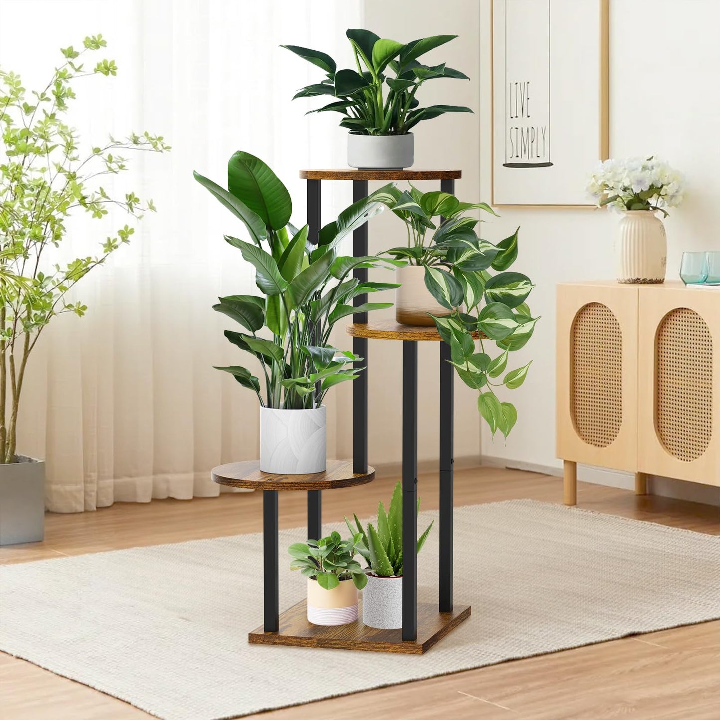 SMFANLIN 4 Tier Plant Stand Indoor, Metal Wooden Tall Plant Shelf Flower Pot Stand for Multiple Plants, Corner Flower Holder Plant Display Rack for Living Room Balcony Patio Garden (Rustic Brown)